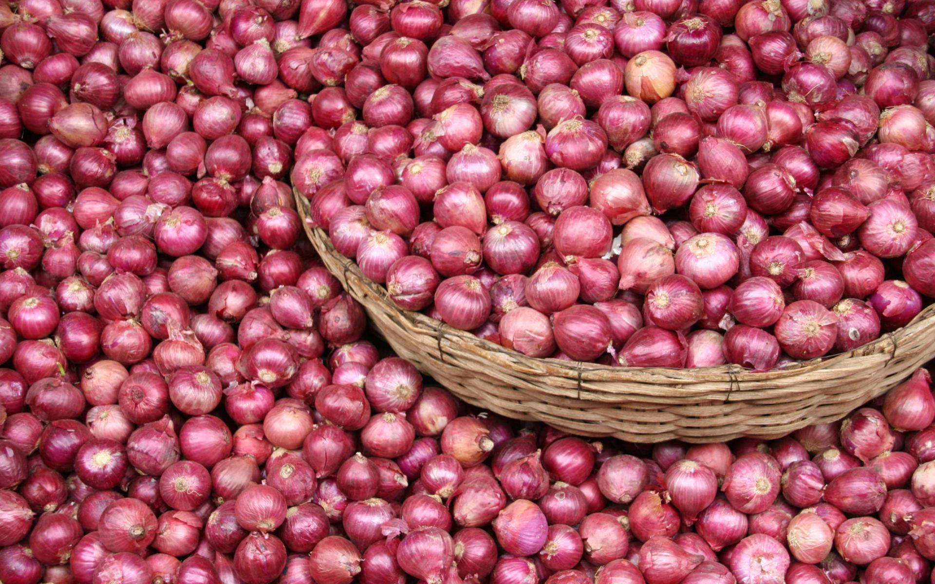 wooden basket, red onions, vibrant red onions, Full HD Desktop Wallpaper