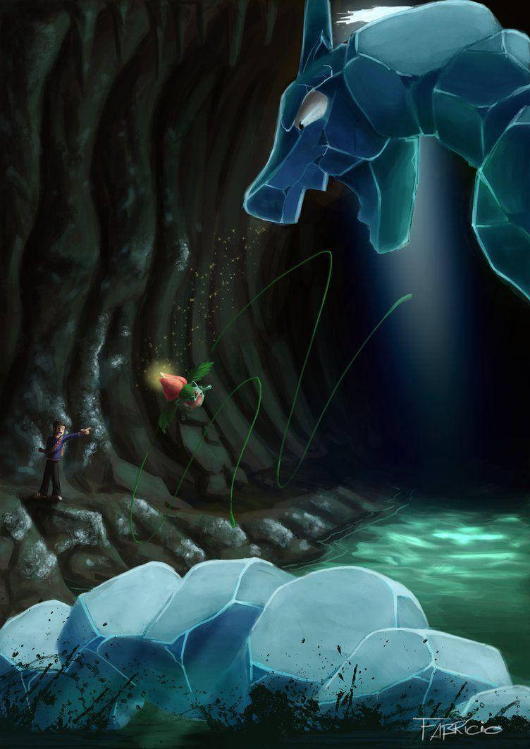 Onix, glowing red fruit, giant blue crystalline dragon, SD Phone Wallpaper