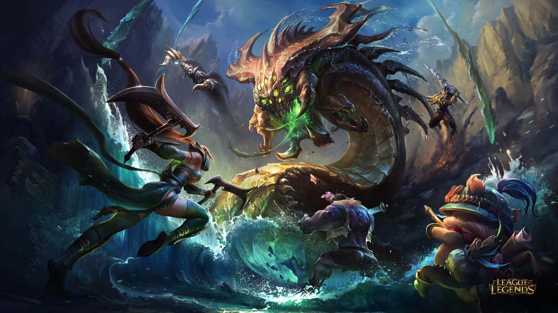 online gaming, glowing green dragon, crashing waves, Full HD Desktop Wallpaper