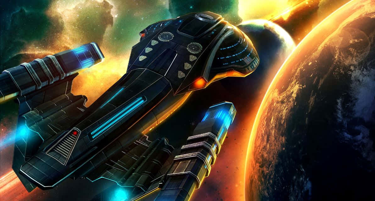 futuristic spaceship, glowing planet, vibrant cosmic nebula, SD Desktop Wallpaper