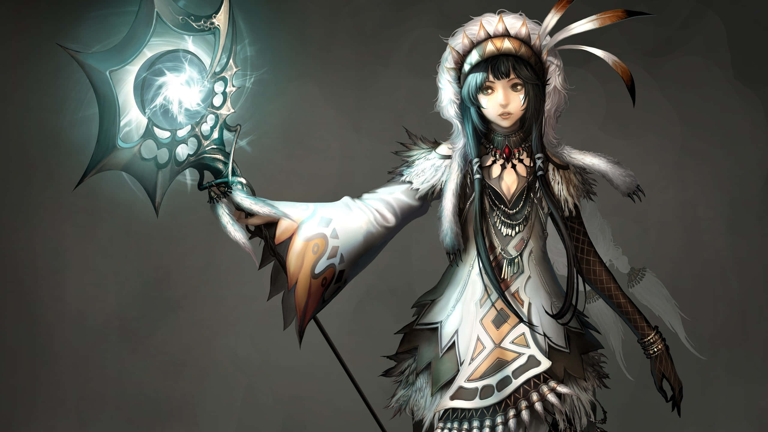 fantasy warrior woman, blue hair, feathered headdress, 2K Desktop Wallpaper