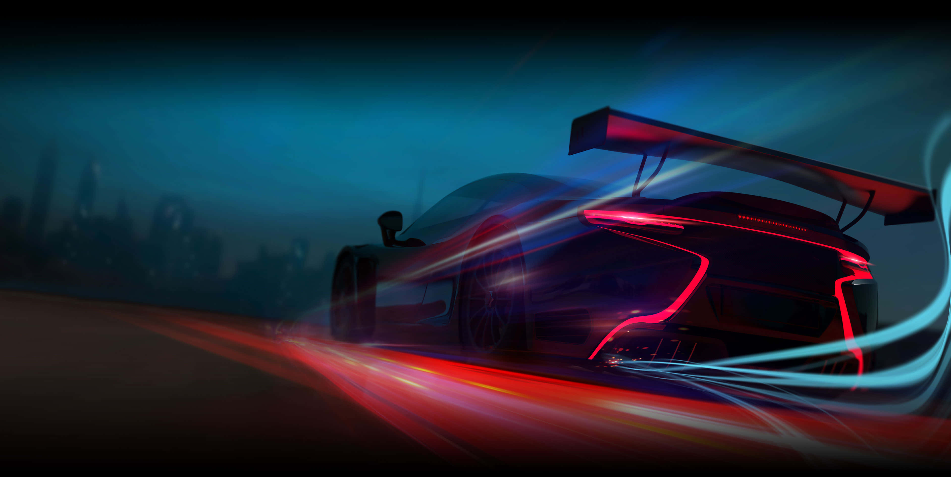 neon-lit night cityscape, glowing red taillights, sleek black race car, 4K Desktop Wallpaper