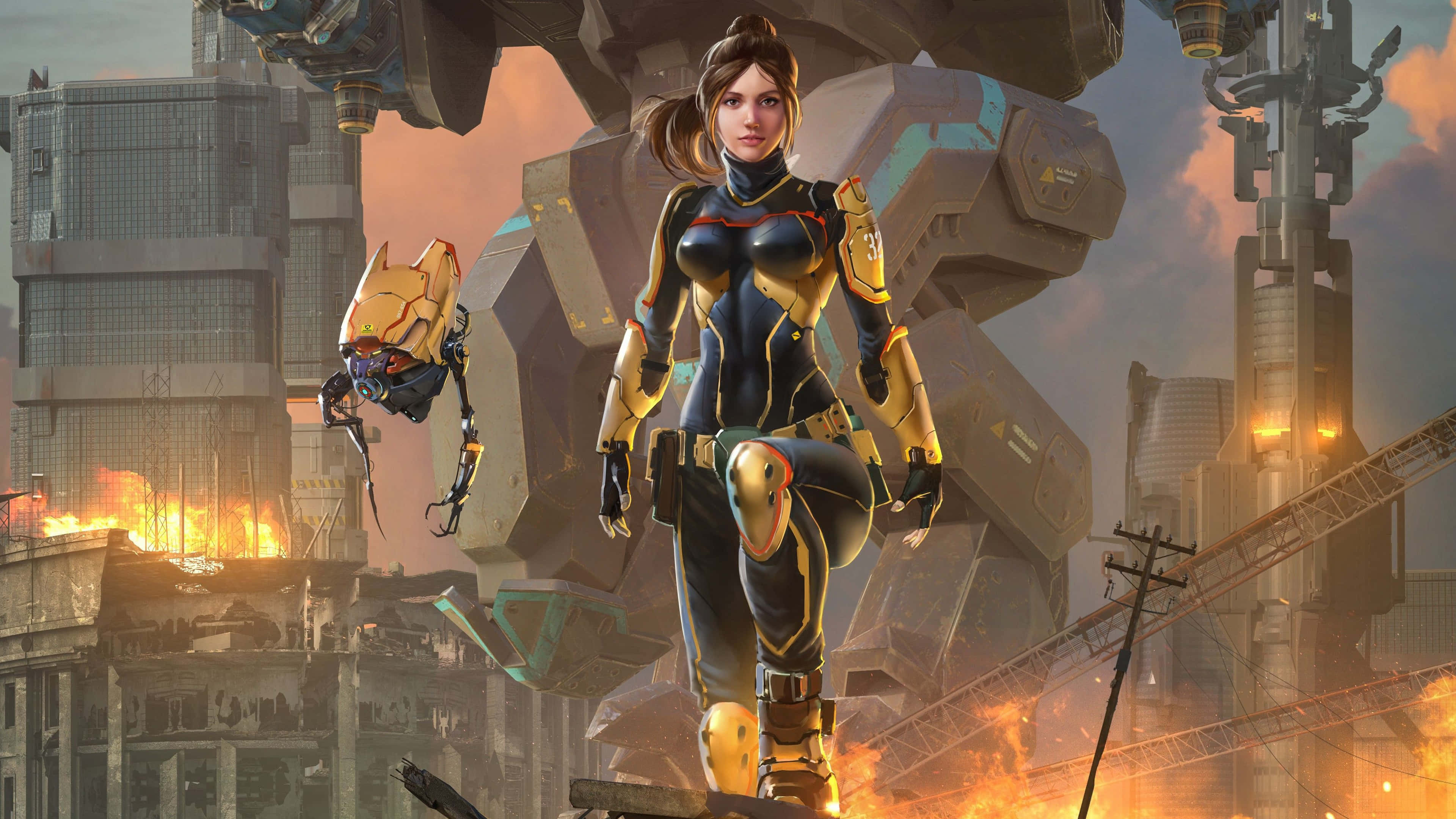female warrior, gold and black armor, burning futuristic cityscape, 4K Desktop Wallpaper