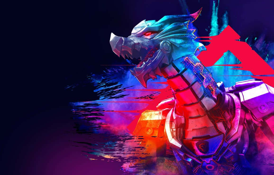 cybernetic dragon, glowing red eyes, neon blue armor, SD Desktop Wallpaper