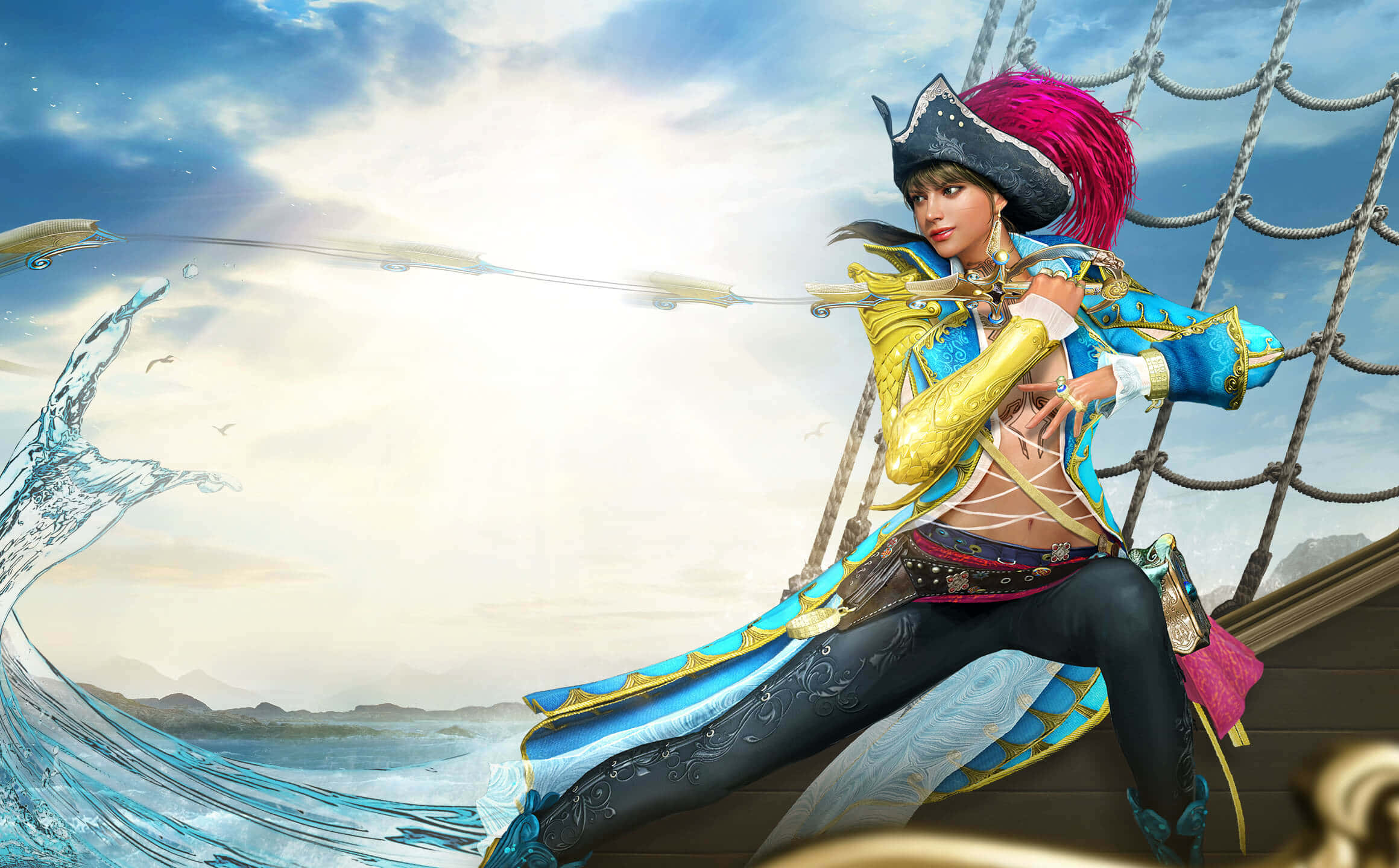 anime pirate woman, pink hair, bow, Full HD Desktop Wallpaper