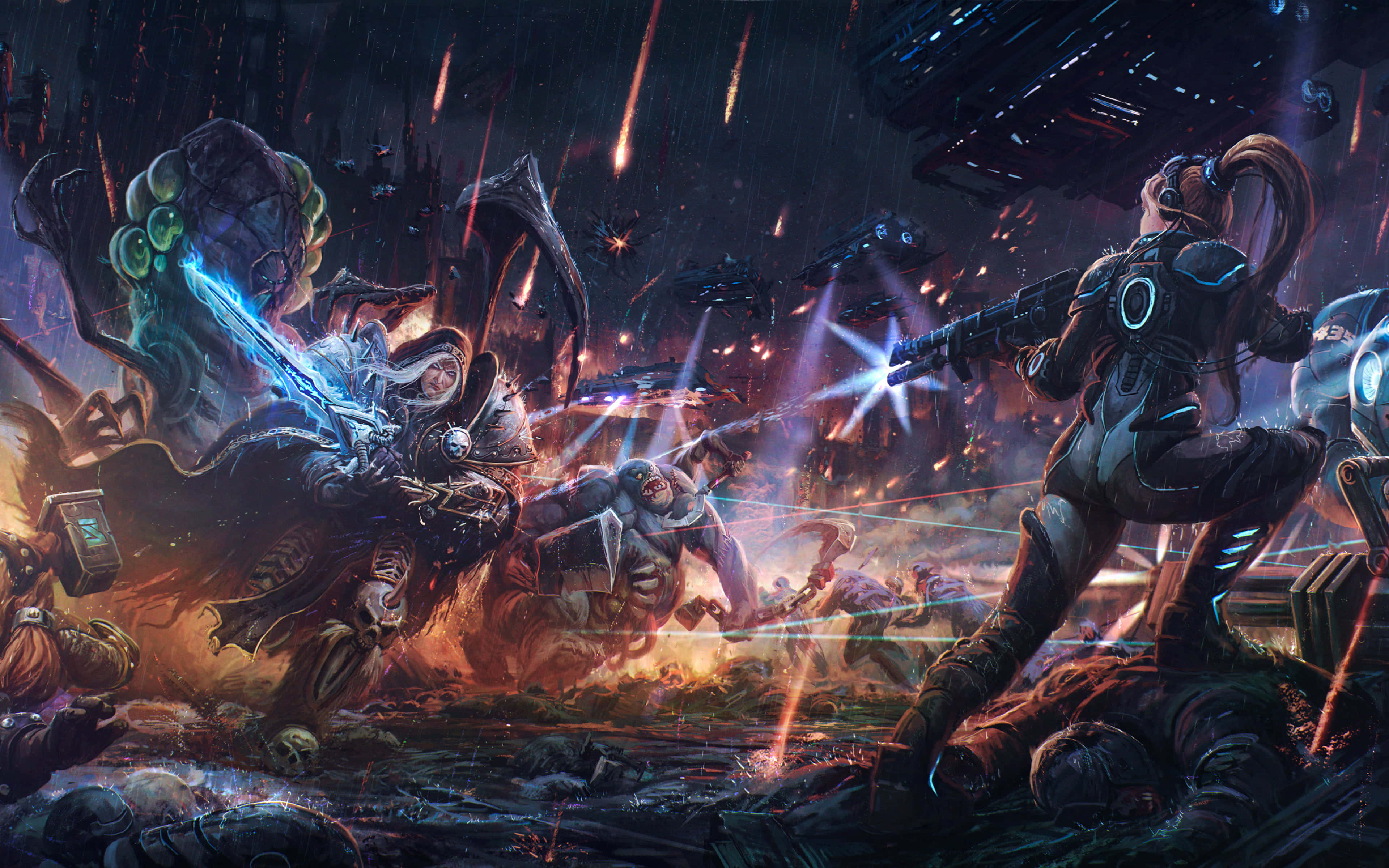 futuristic warrior, monstrous alien creatures, falling meteors, 4K Desktop Wallpaper