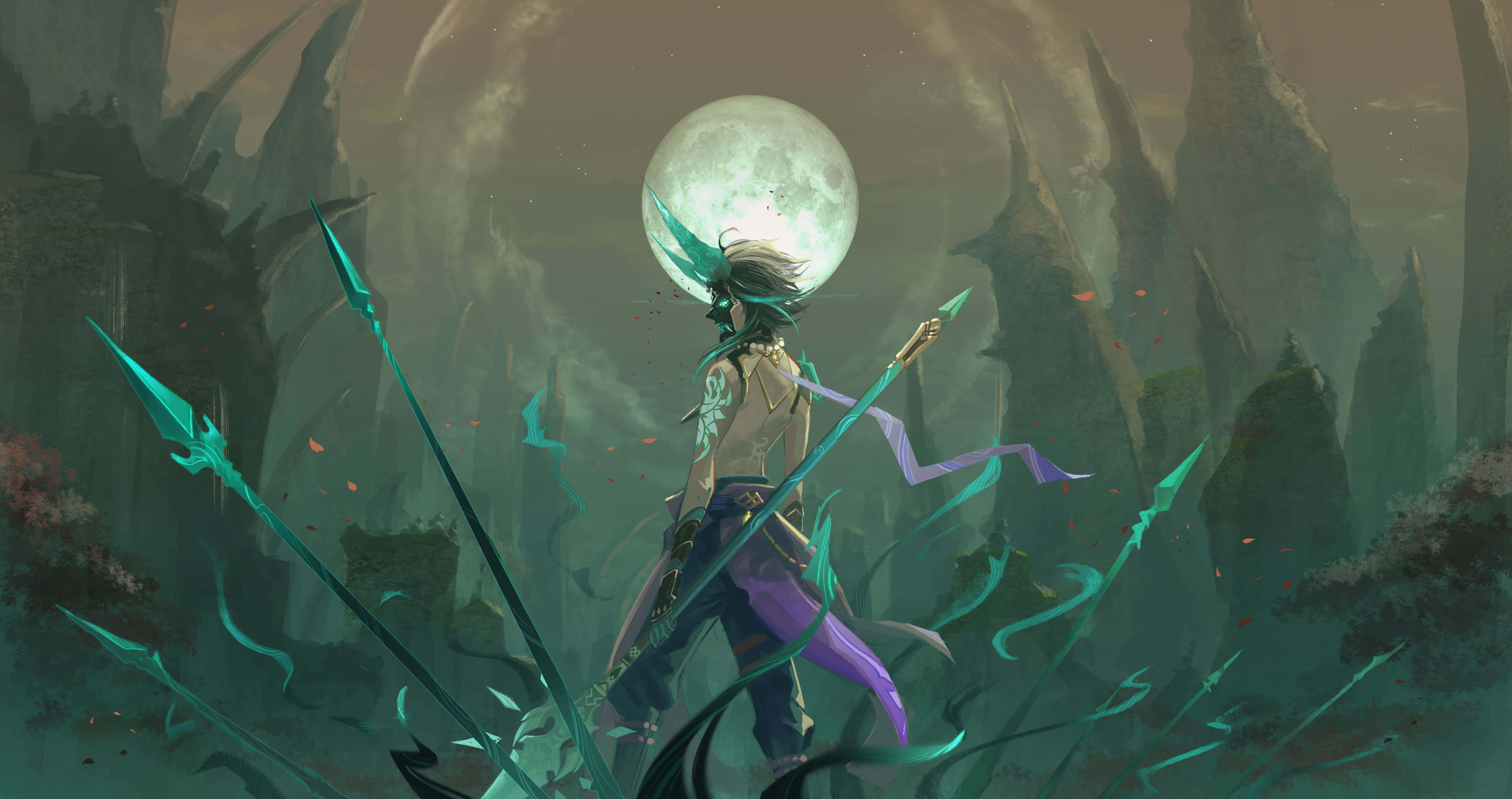 green hair, glowing teal weapons, full moon, 5K Desktop Wallpaper