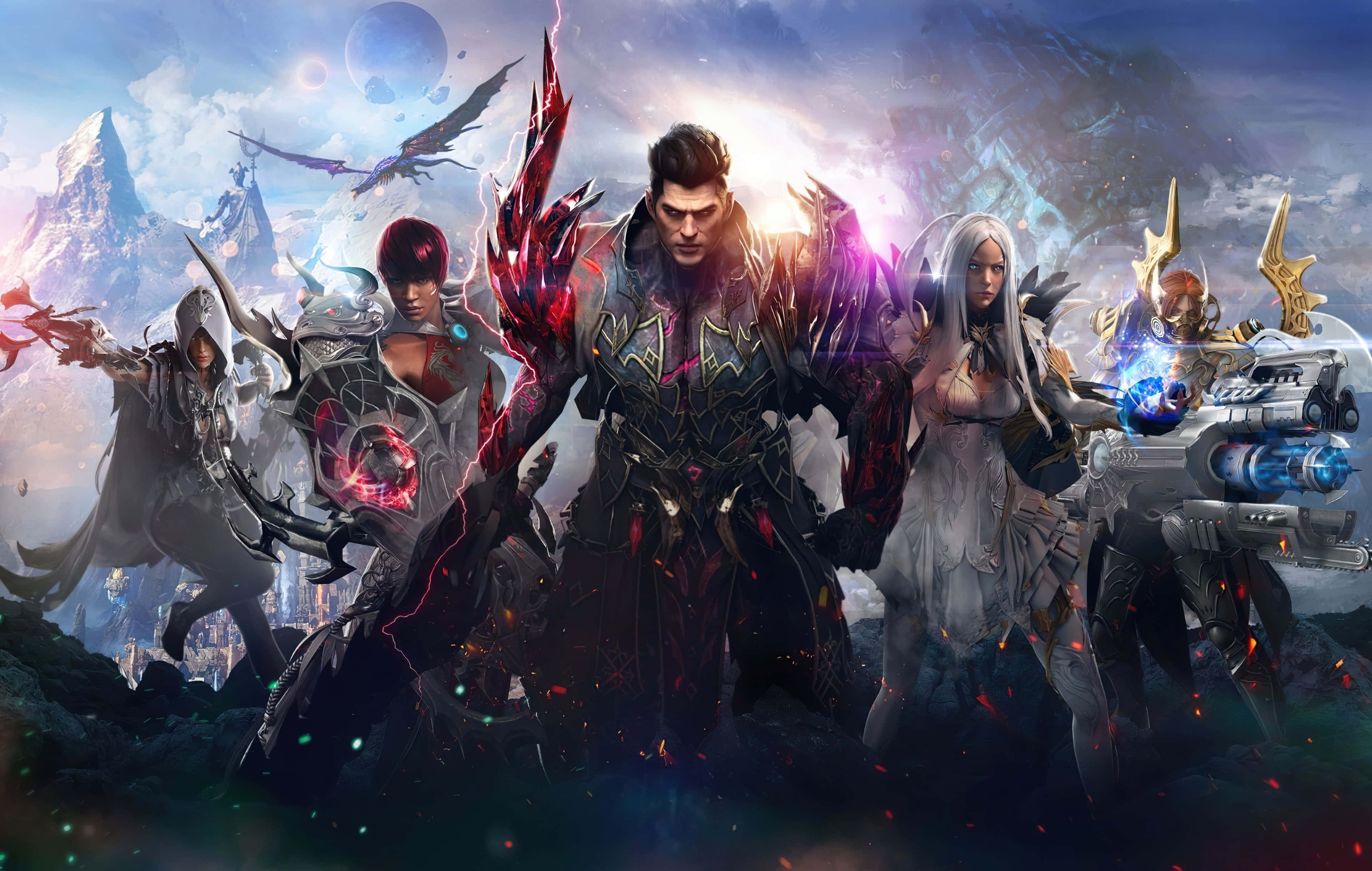 fantasy warriors, glowing weapons, cosmic mountain, 4K Desktop Wallpaper