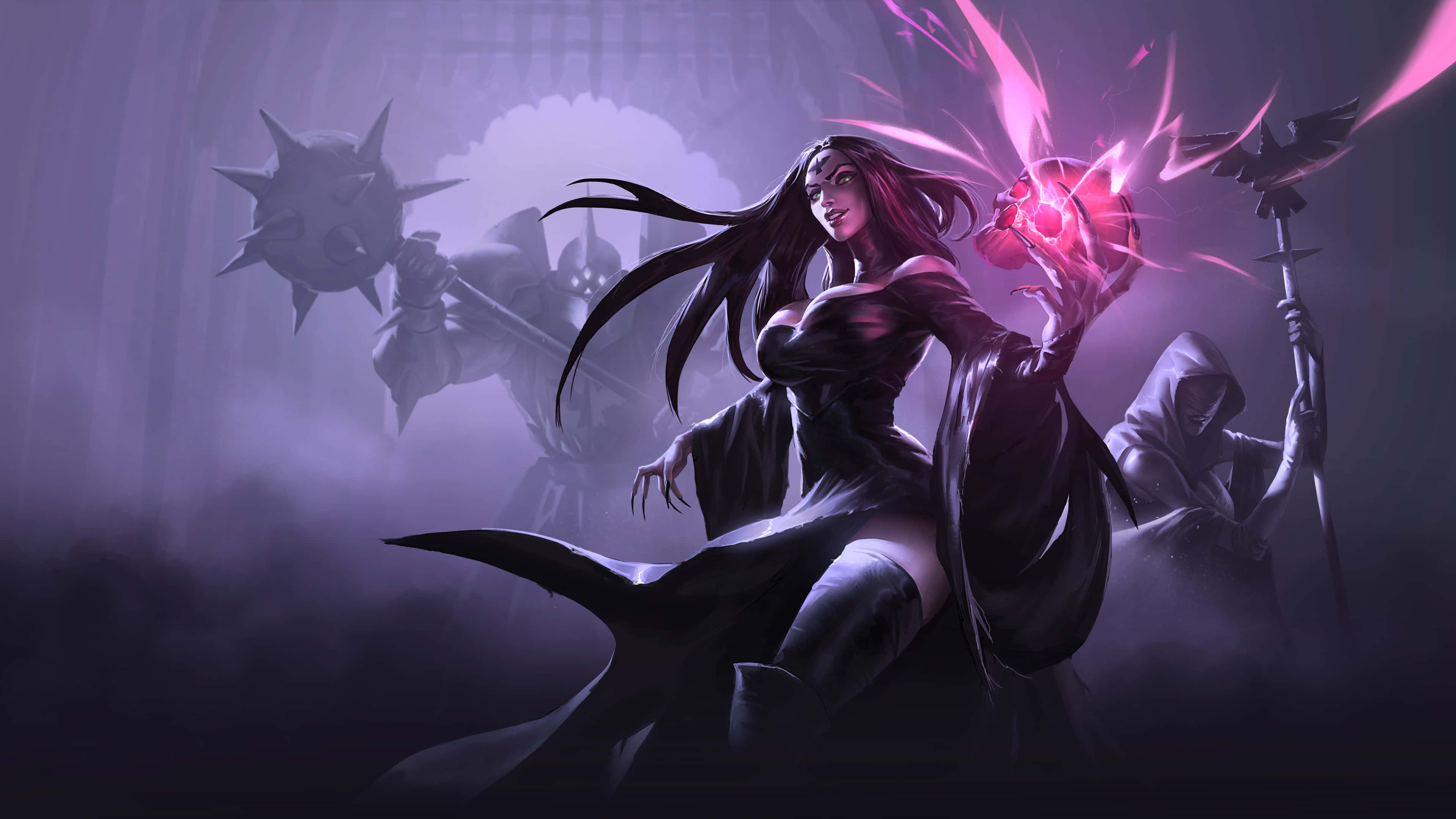 sorceress, black robes, glowing pink magic, 4K Desktop Wallpaper