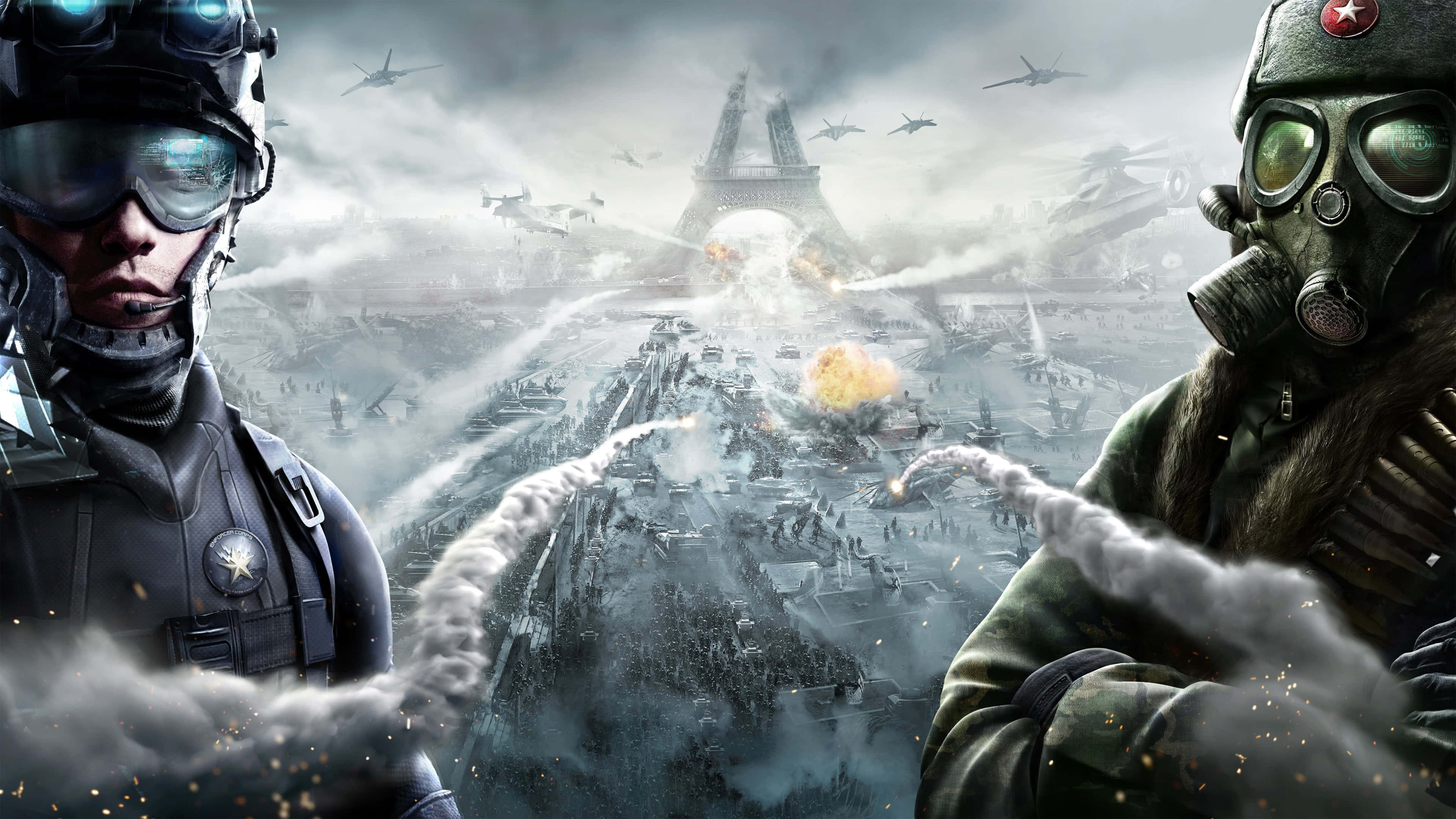 futuristic and vintage gear, war-torn Paris, explosions, 4K Desktop Wallpaper