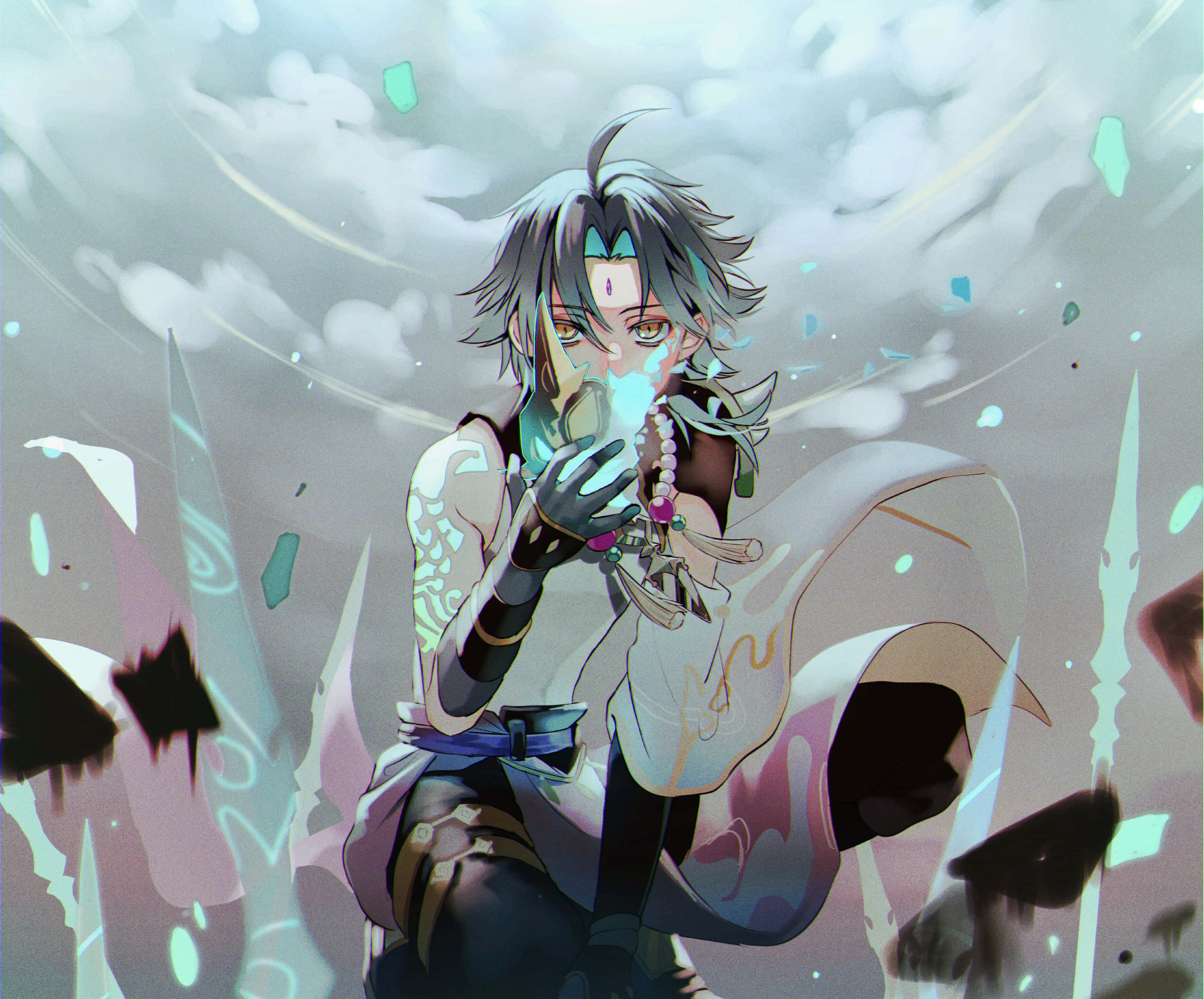 silver-haired anime character, glowing cyan energy, glowing orb, 2K Desktop Wallpaper
