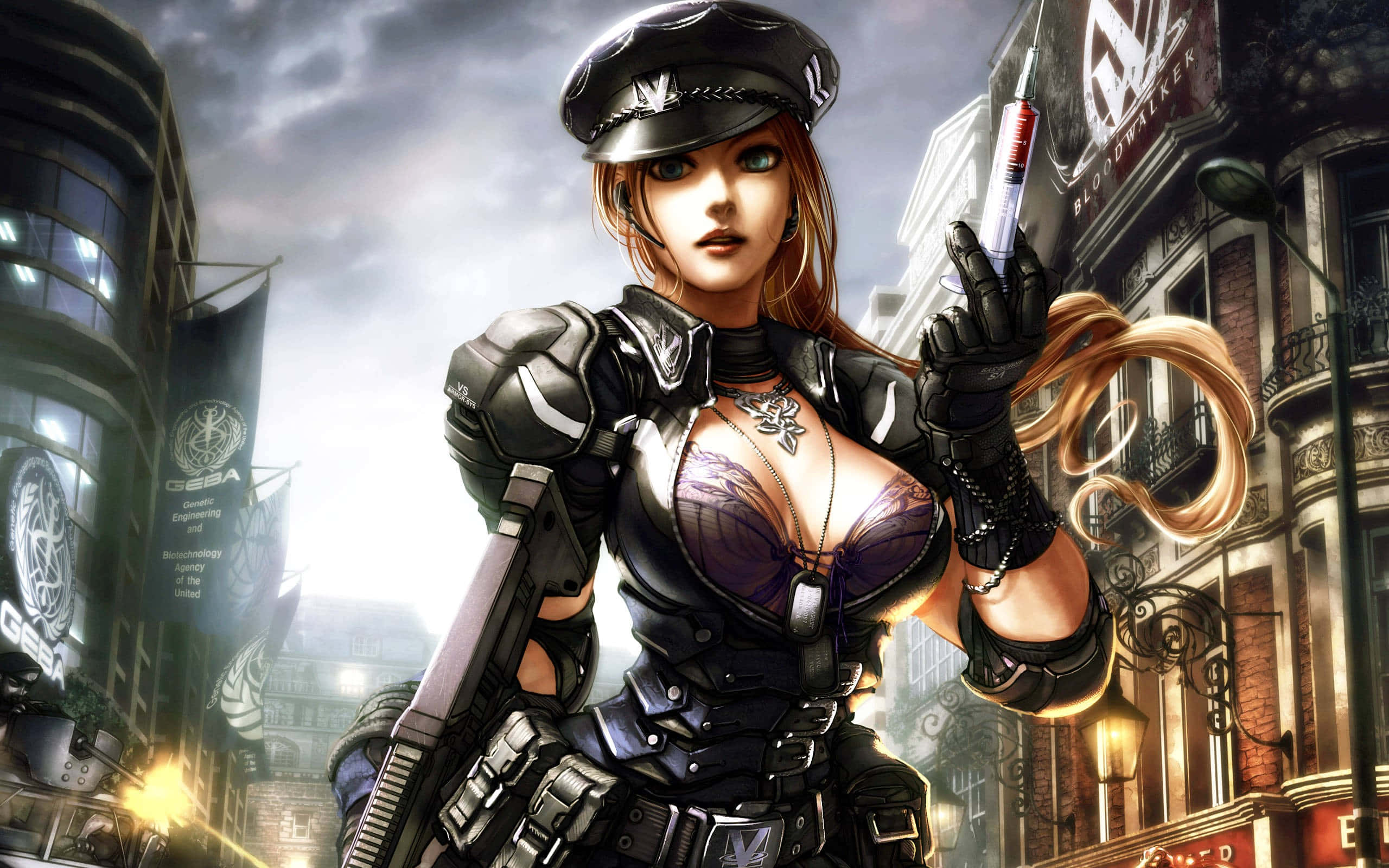 anime-style female soldier, black tactical gear, syringe, 2K Desktop Wallpaper