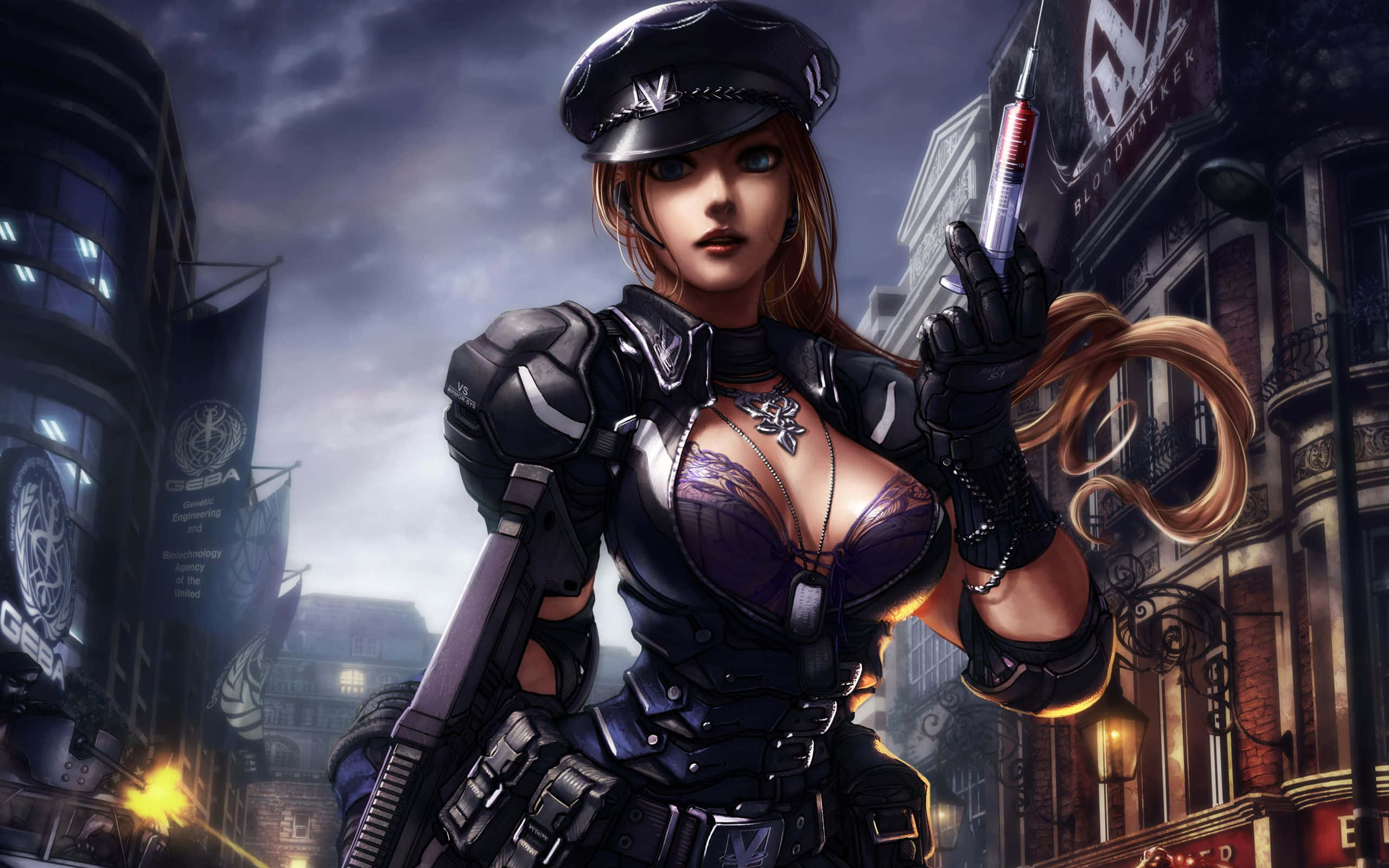 cyberpunk female agent, black armor, syringe, 2K Desktop Wallpaper