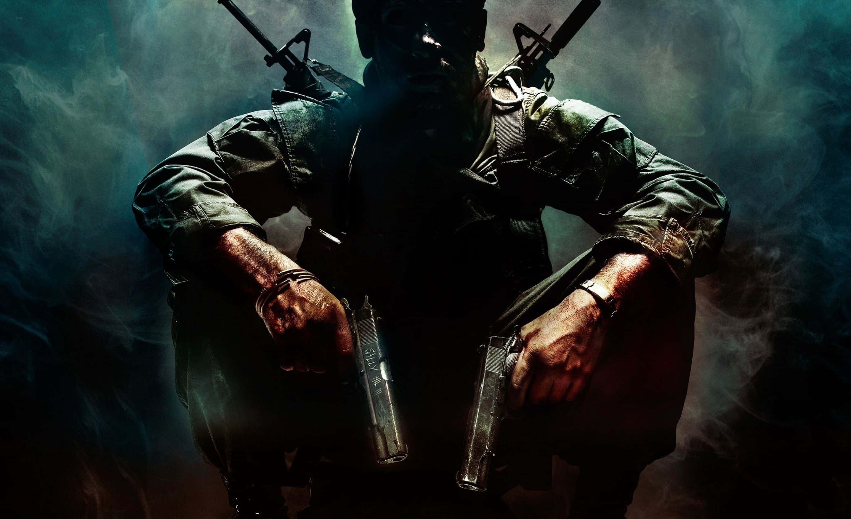 tactical gear, two pistols, smoky dimly lit environment, 2K Desktop Wallpaper