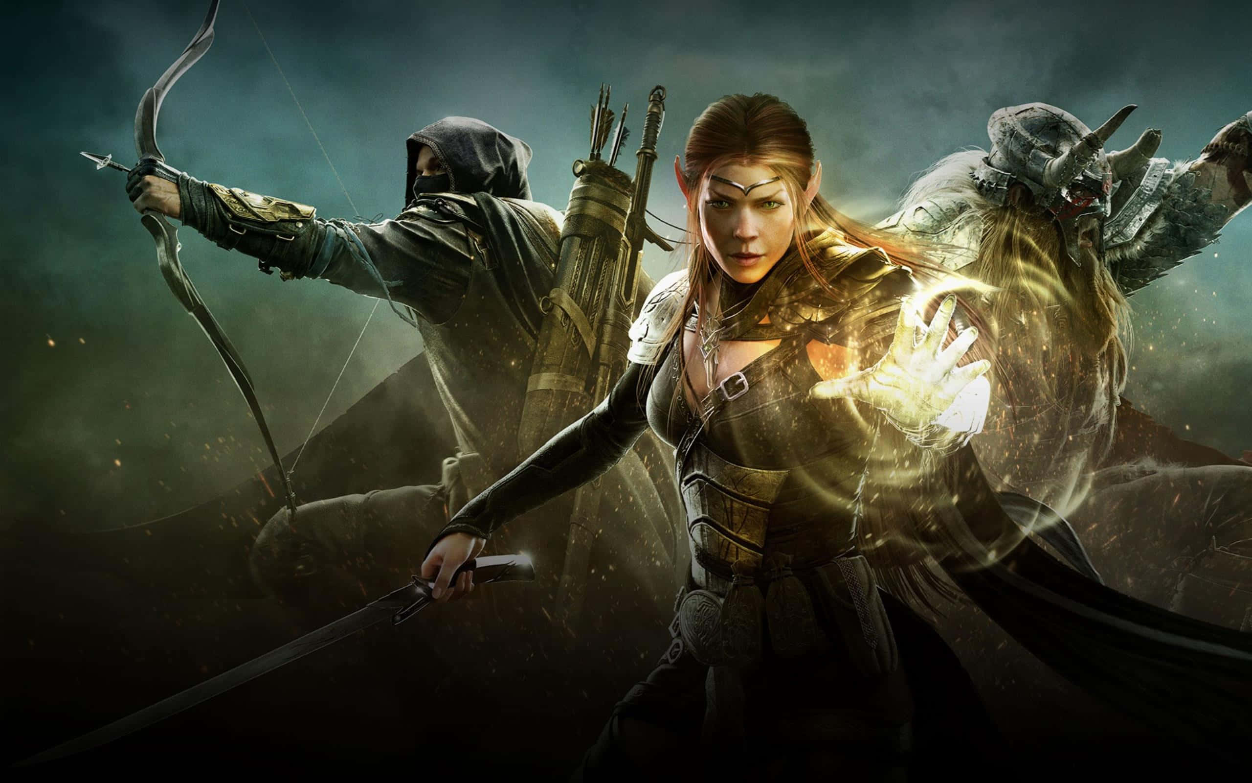 female elf mage, hooded archer, horned warrior, 2K Desktop Wallpaper