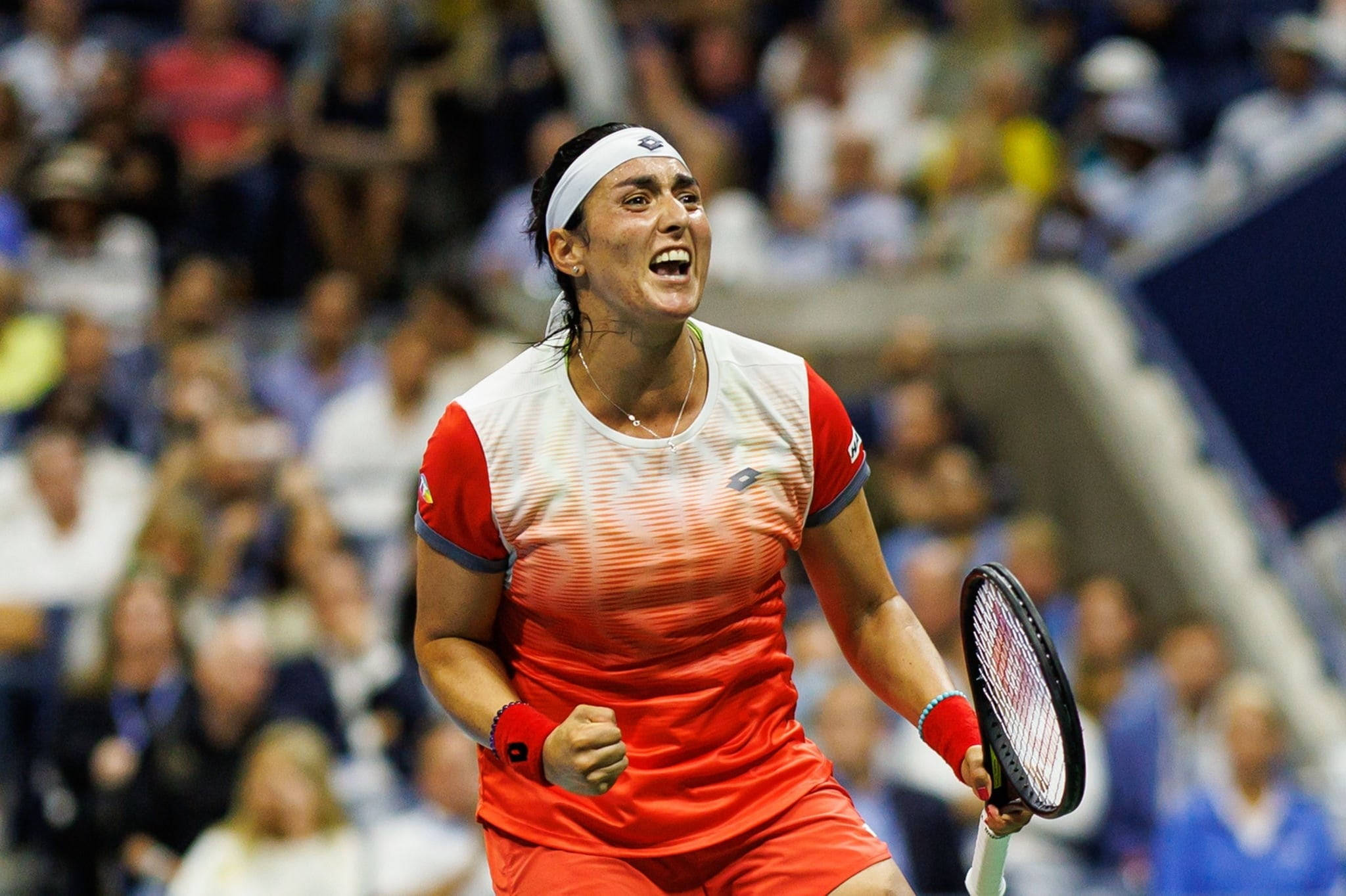Ons Jabeur, racket, red outfit, Full HD Desktop Wallpaper