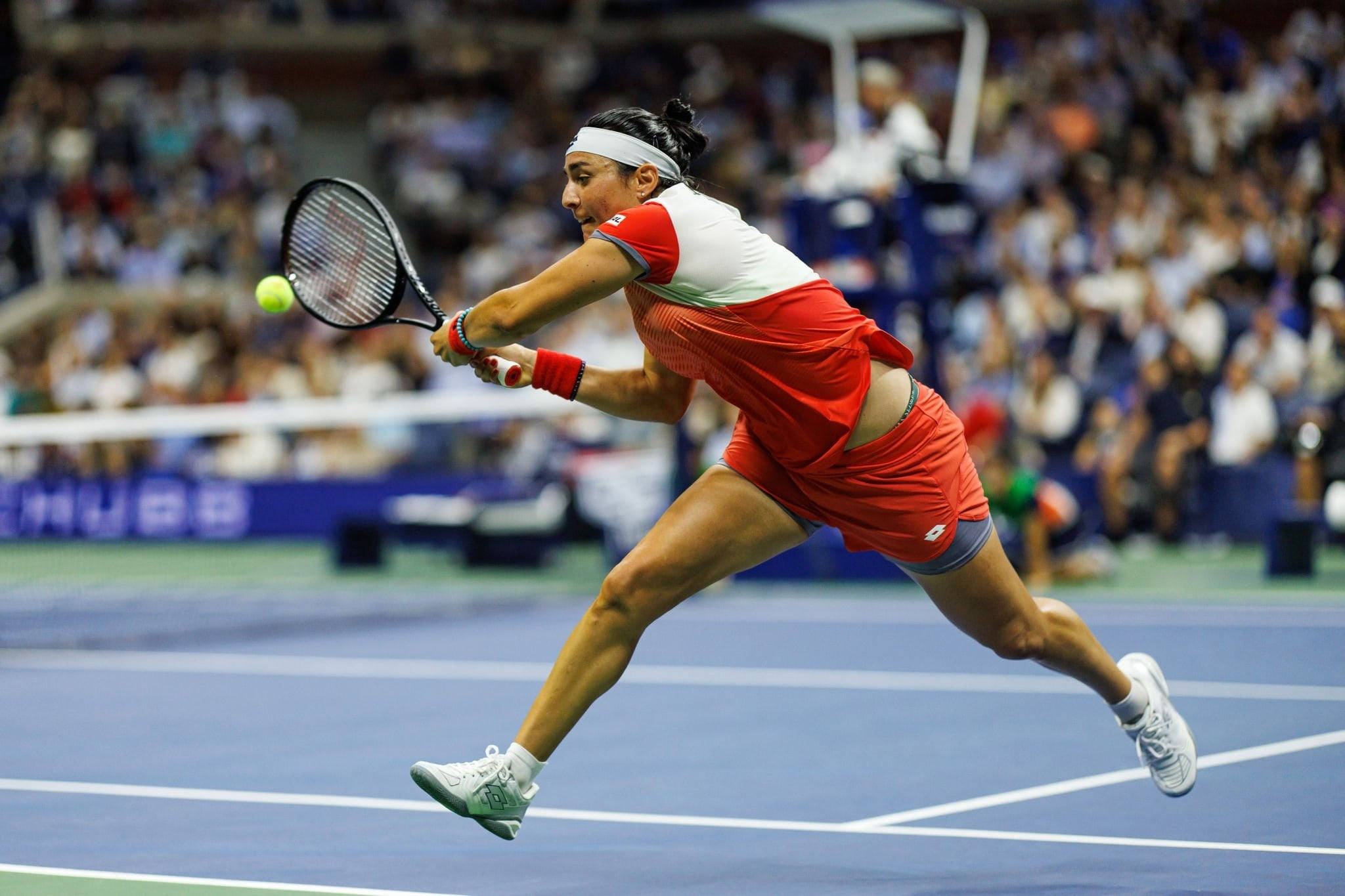Ons Jabeur, red outfit, blue hard court, Full HD Desktop Wallpaper
