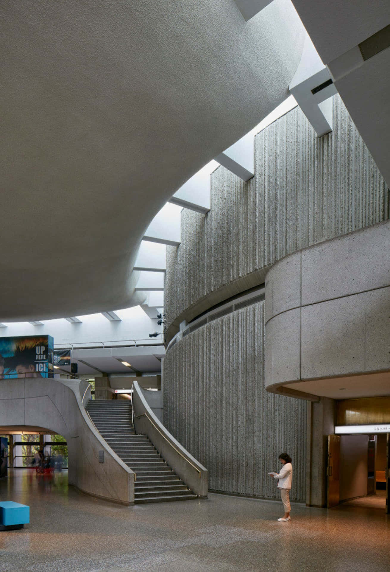 Ontario Science Centre, modernist concrete atrium, sweeping curved staircases, Full HD Phone Wallpaper