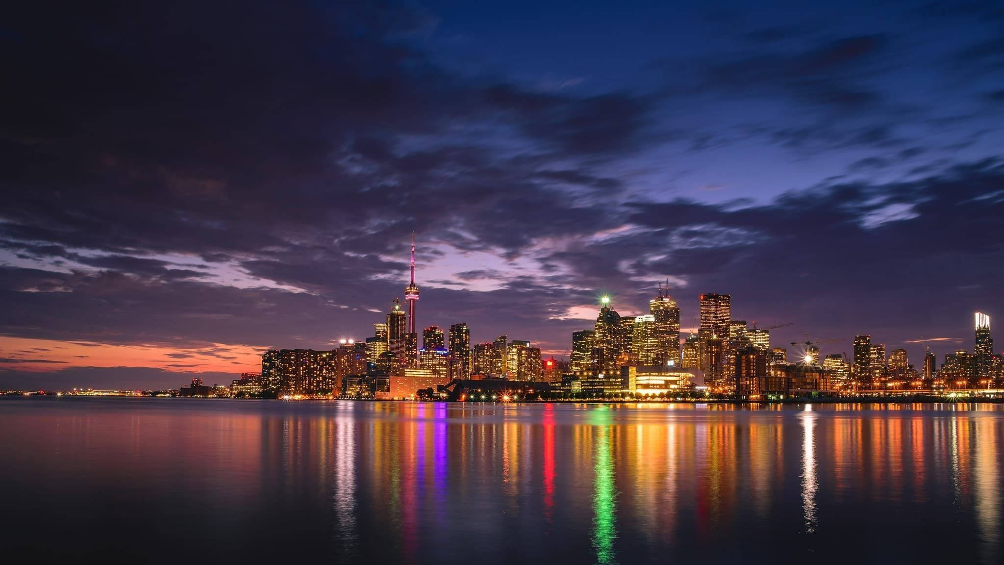 Lake Ontario, colorful skyscrapers, dusk, Full HD Desktop Wallpaper