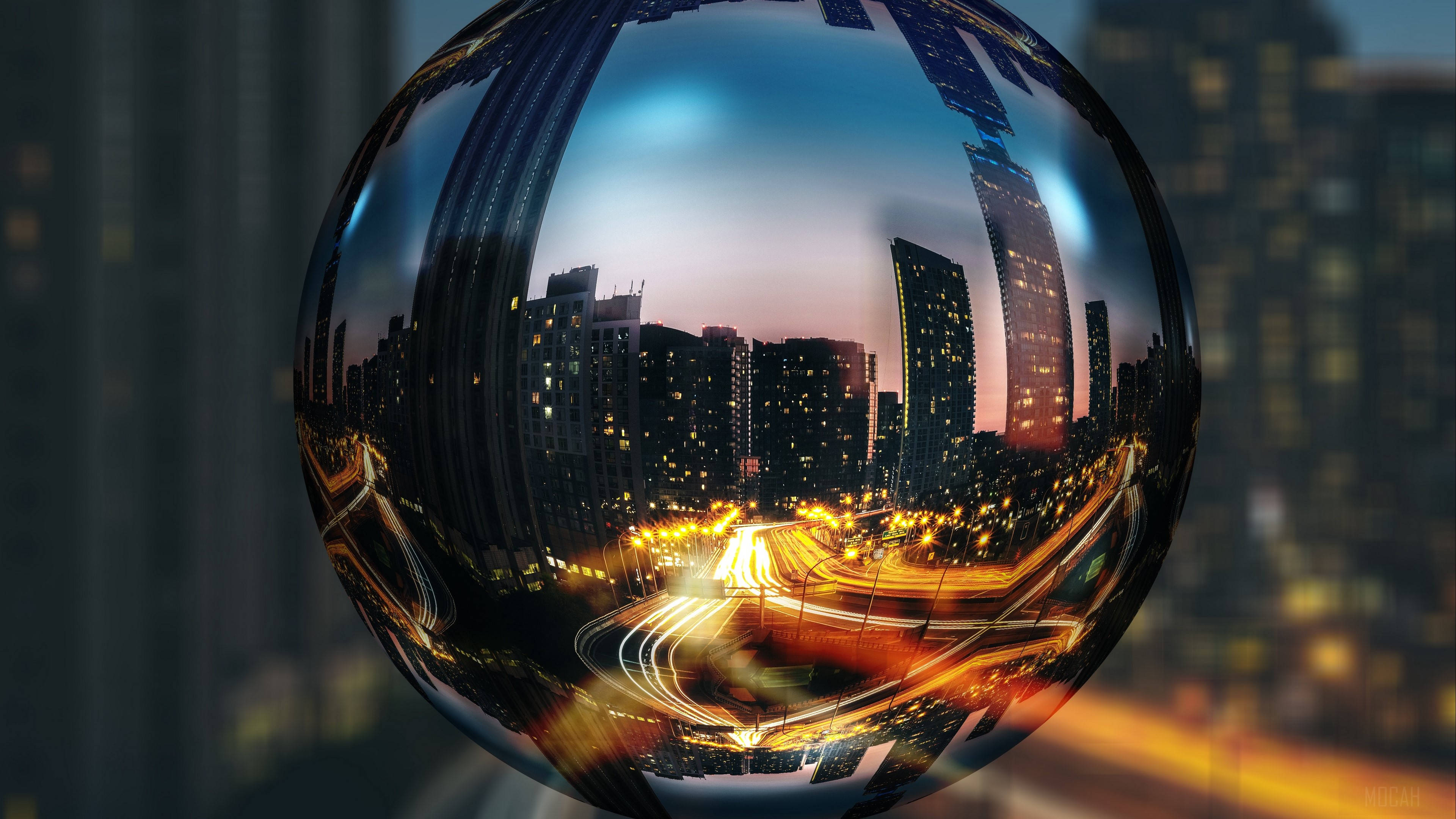 Ontario, reflective glass sphere, vibrant cityscape, 4K Desktop Wallpaper