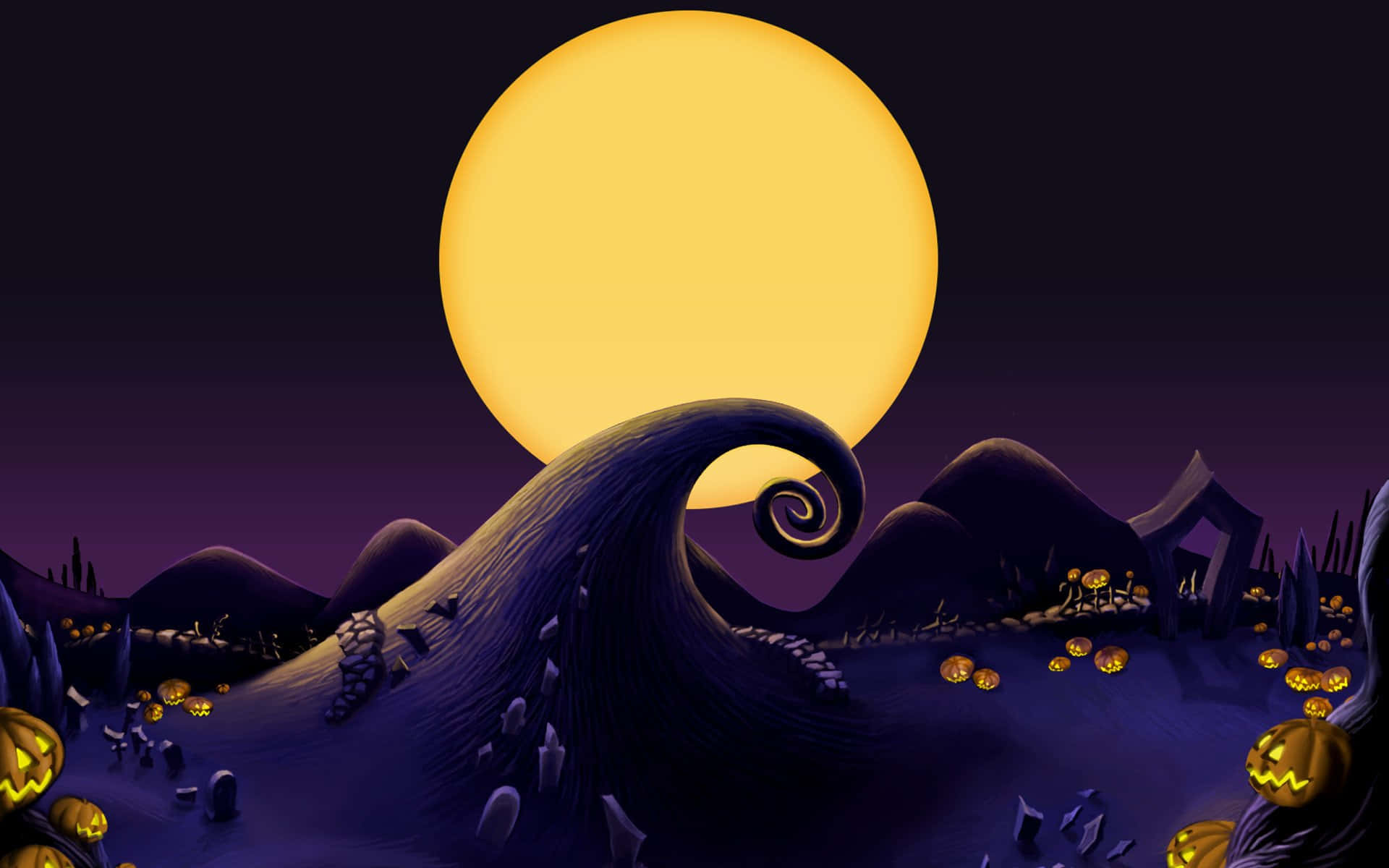 Oogie Boogie, Halloween landscape, giant yellow moon, Full HD Desktop Wallpaper