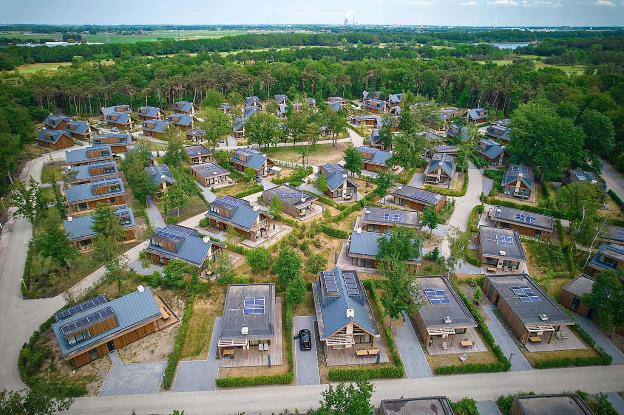 Oosterhout, aerial view, modern wooden cabins, HD Desktop Wallpaper