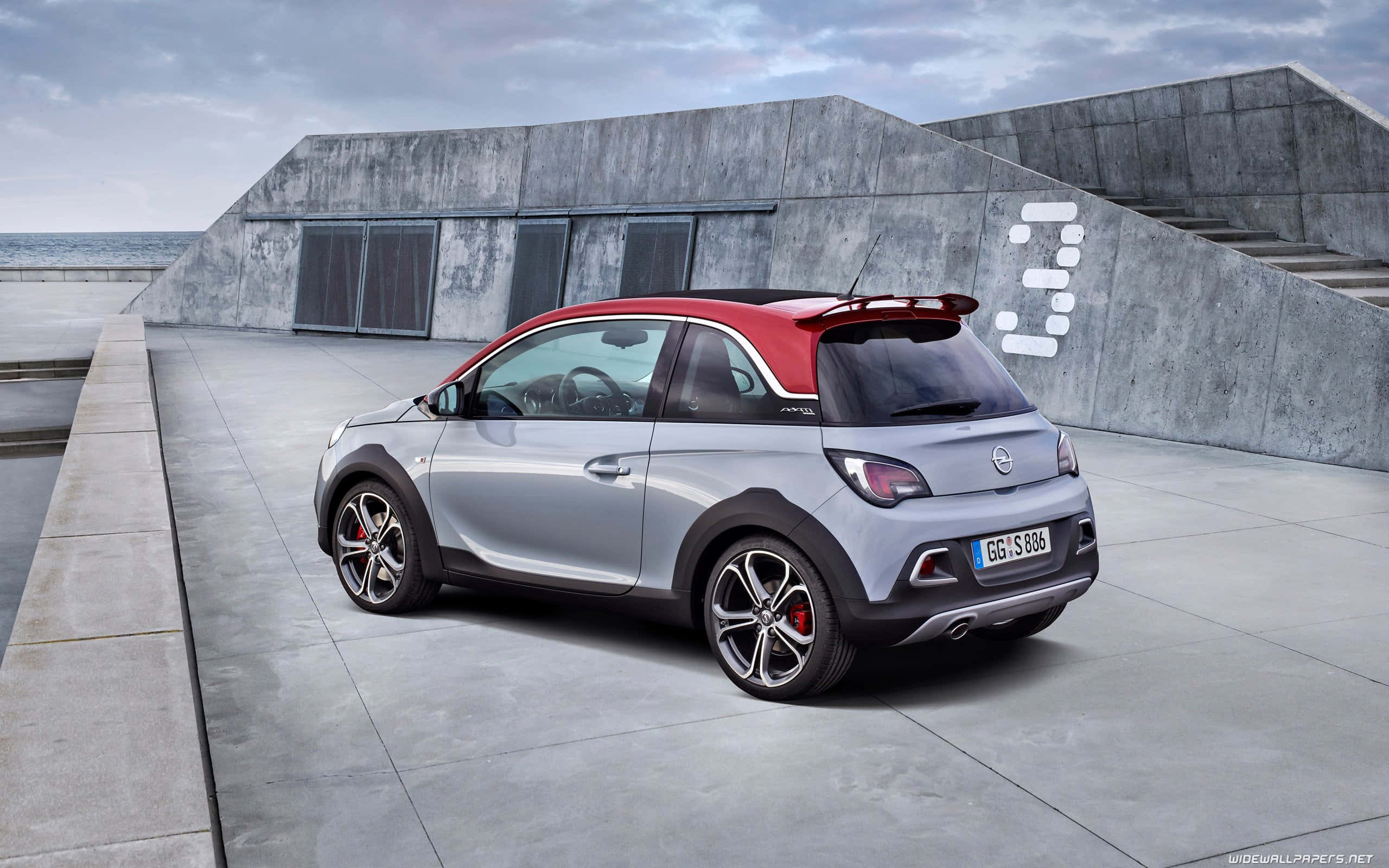 Opel Adam, silver and red, modern concrete pier, 2K Desktop Wallpaper