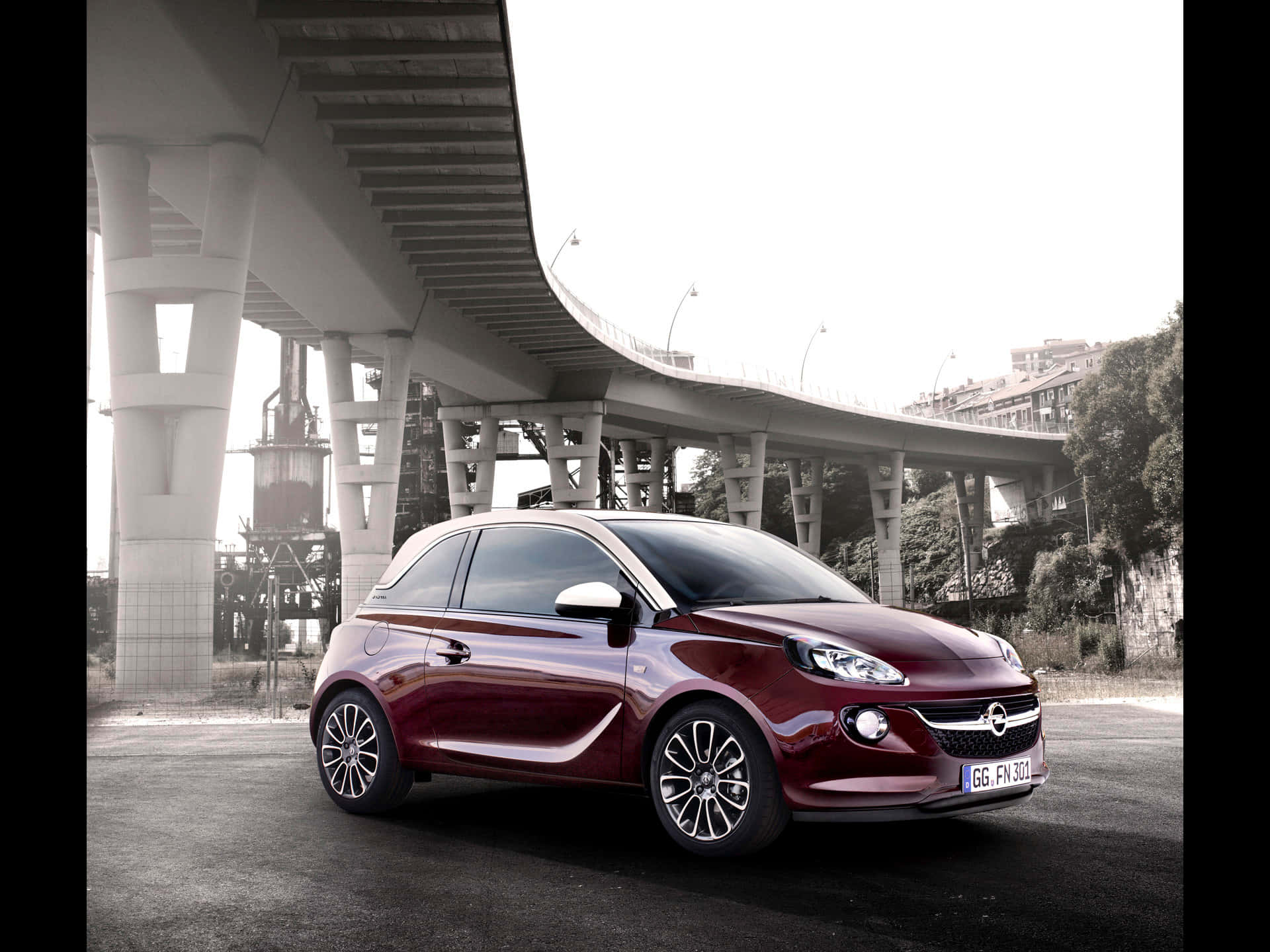 Opel Adam, glossy maroon, modern concrete overpass, Full HD Desktop Wallpaper