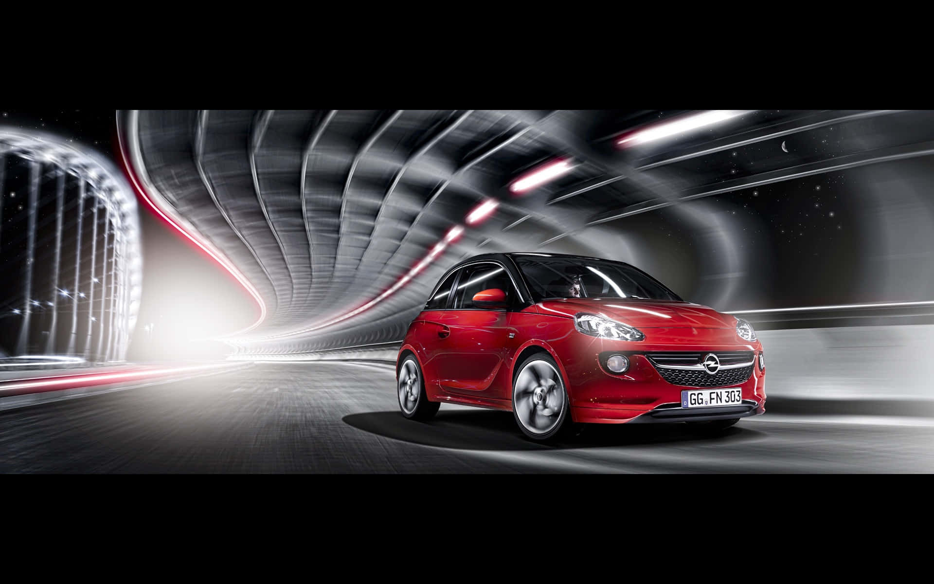 Opel Adam, vibrant red, futuristic tunnel, Full HD Desktop Wallpaper