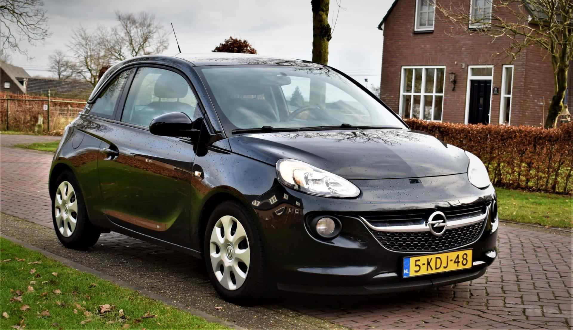 Opel Adam, black, wet brick driveway, Full HD Desktop Wallpaper