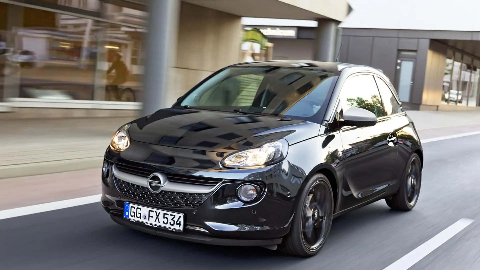 Opel Adam, sleek black, modern city street, Full HD Desktop Wallpaper