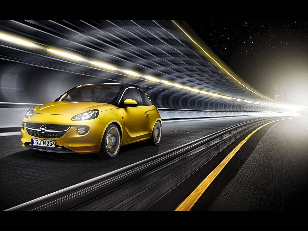 Opel Adam, yellow, futuristic tunnel, HD Desktop Wallpaper