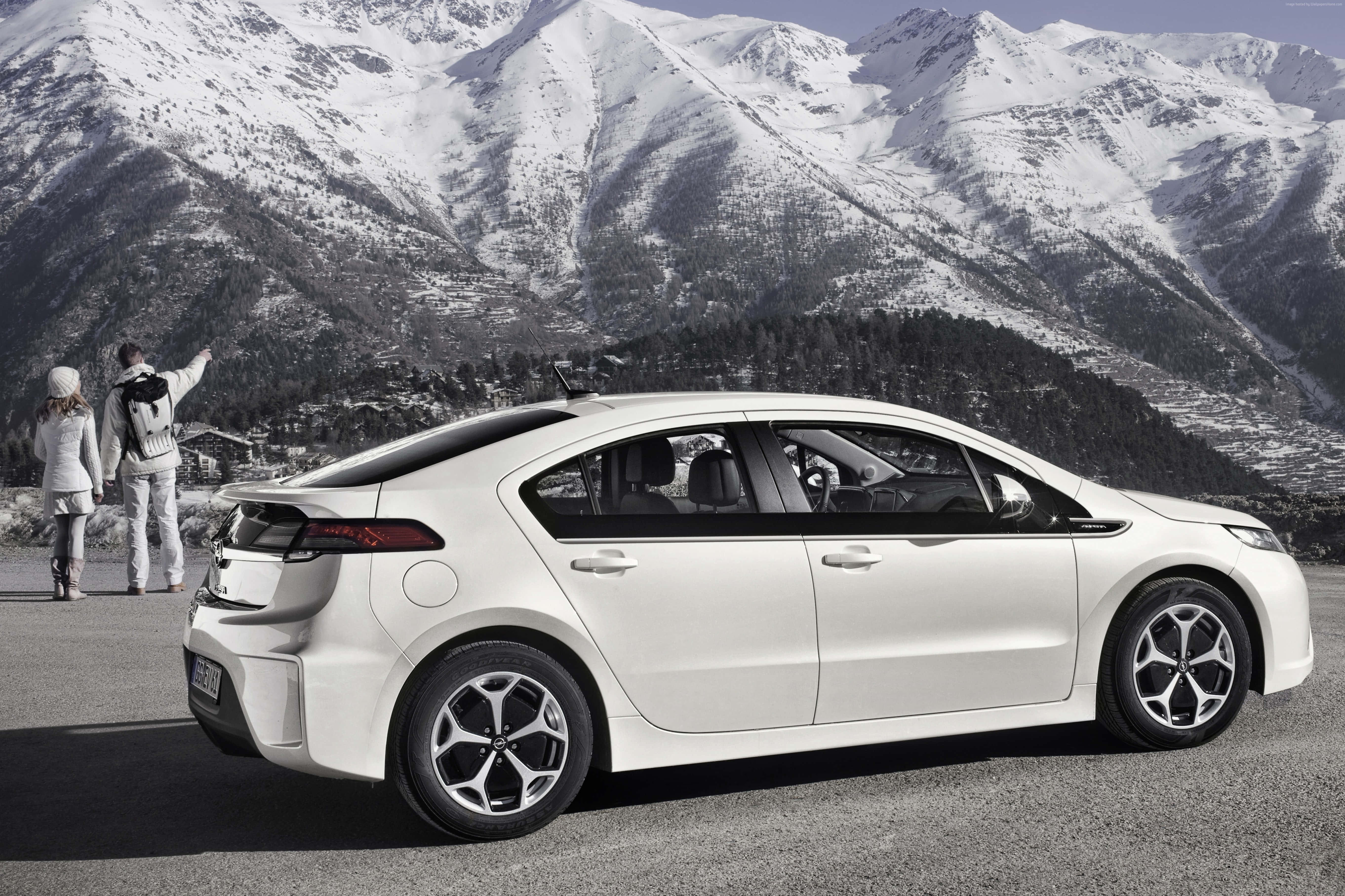 Opel Ampera, sleek white car, mountain road, 5K Desktop Wallpaper