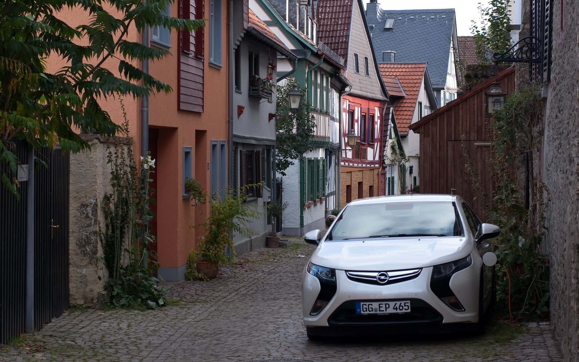 Opel Ampera, white car, cobblestone alley, Full HD Desktop Wallpaper