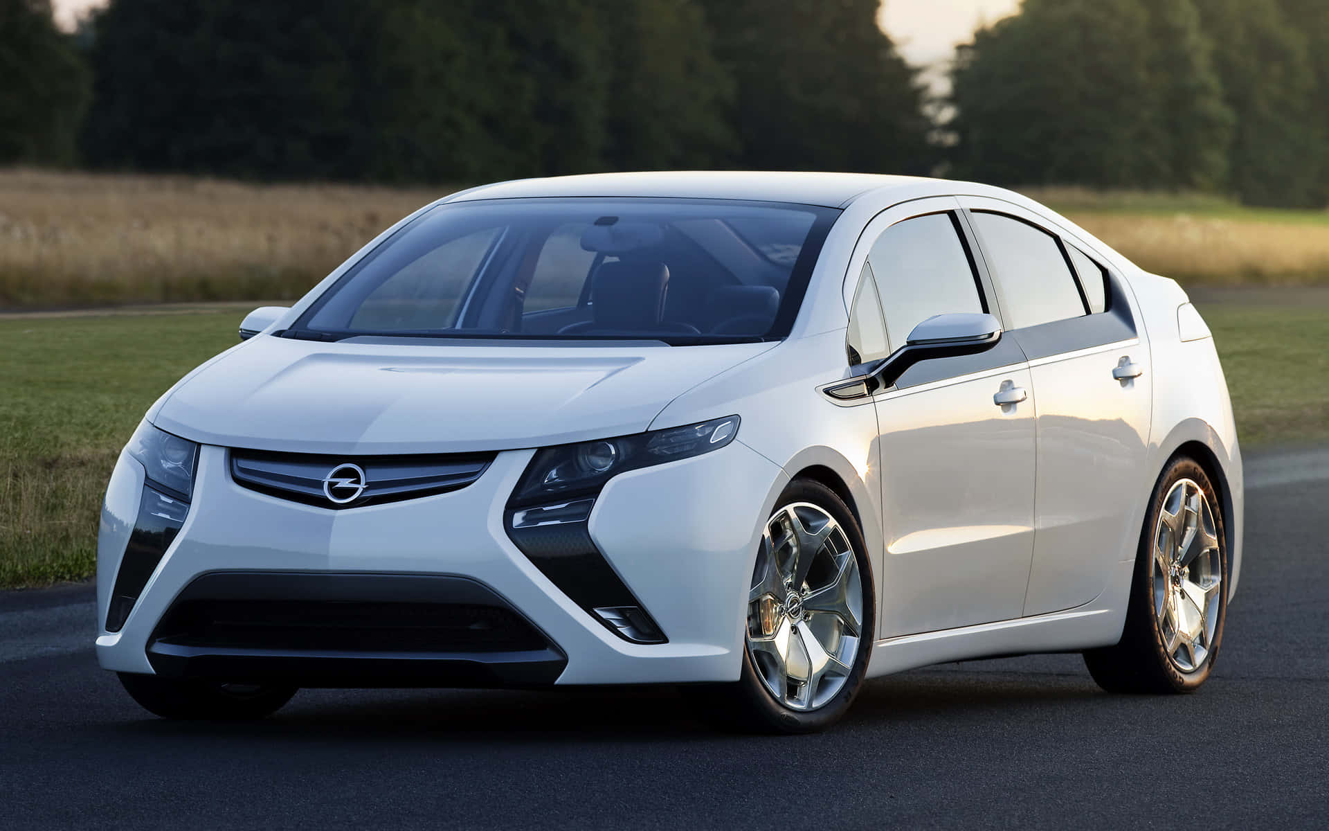 Opel Ampera, sleek white electric car, asphalt, Full HD Desktop Wallpaper