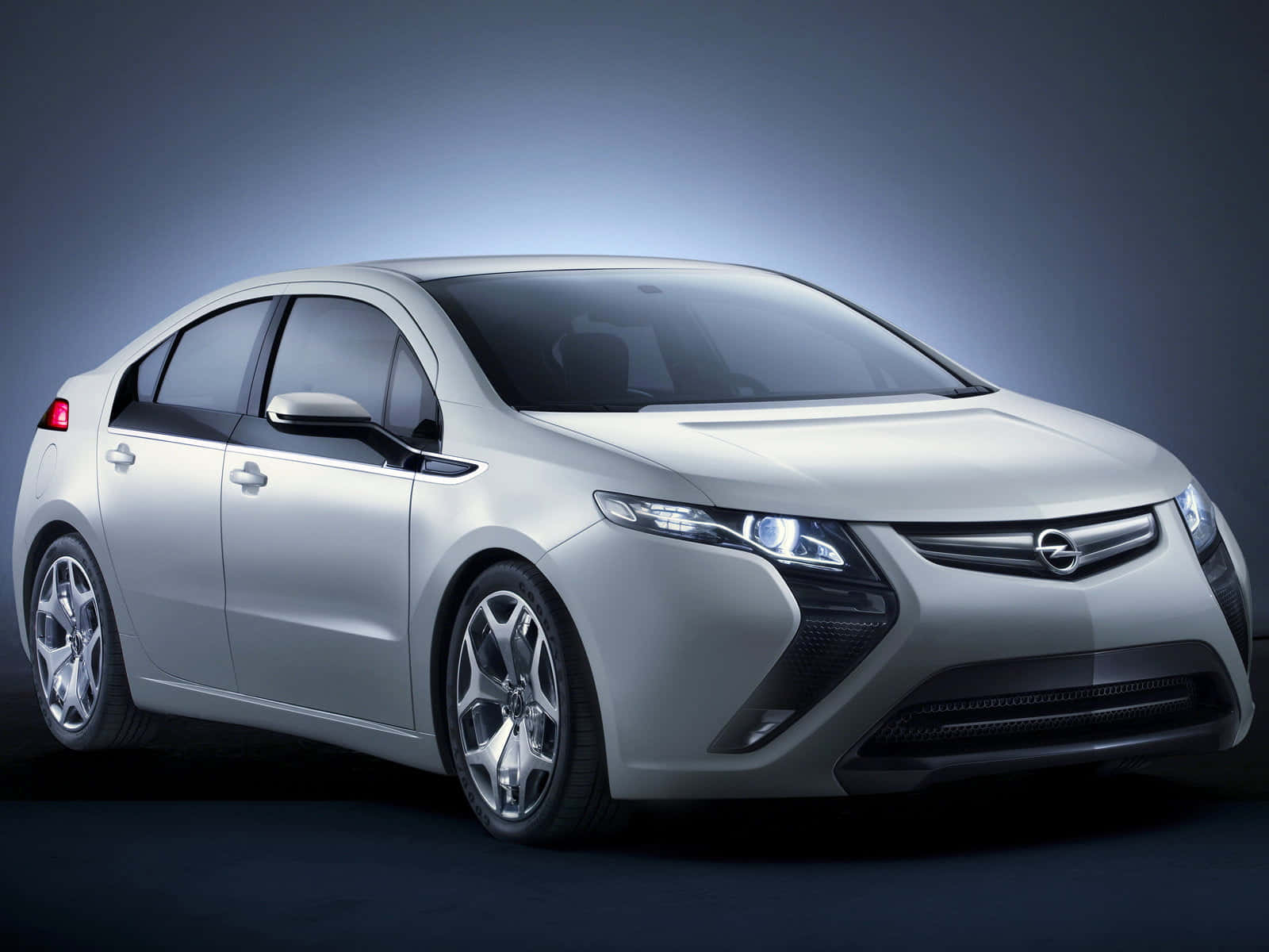 Opel Ampera, sleek silver, glowing headlights, HD Desktop Wallpaper