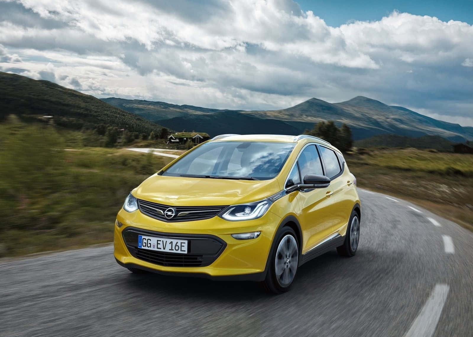 Opel Ampera, bright yellow, winding mountain road, HD Desktop Wallpaper