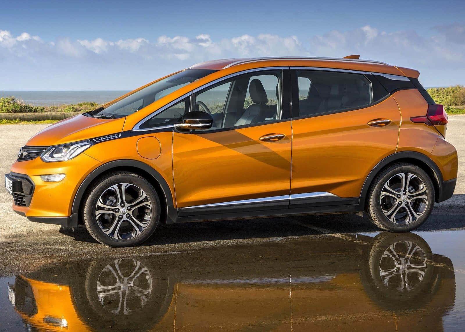 Opel Ampera, vibrant orange, wet pavement, HD Desktop Wallpaper