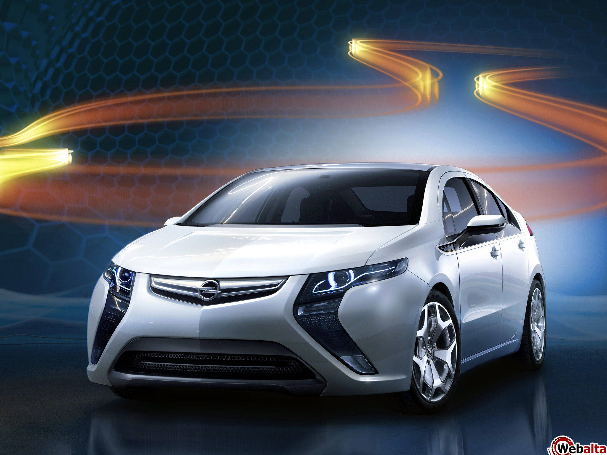 Opel Ampera, silver, golden light trails, Full HD Desktop Wallpaper