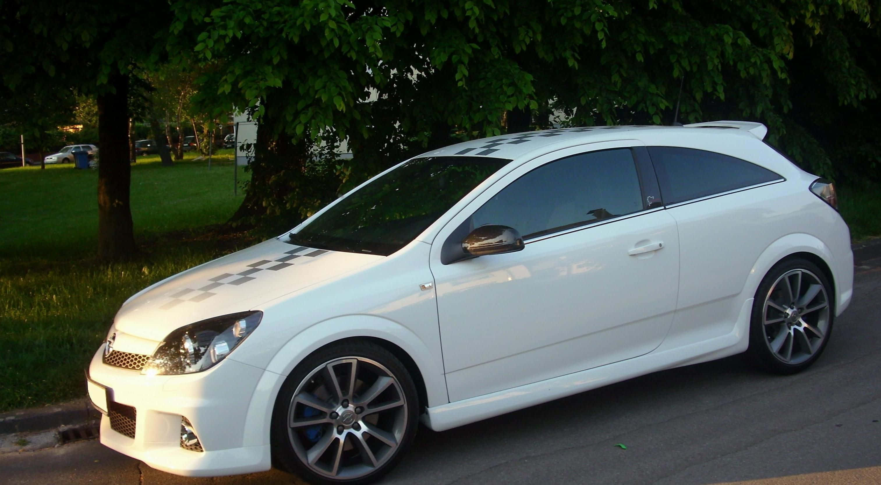 Opel Astra, white, checkered decals, 2K Desktop Wallpaper