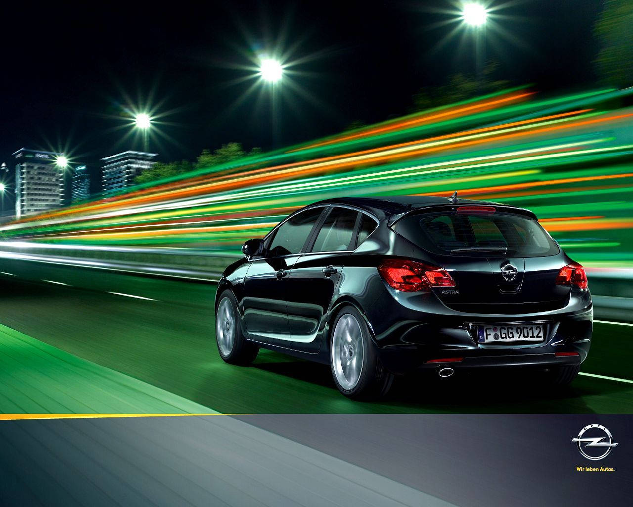 black Opel Astra, neon-lit city, night, HD Desktop Wallpaper