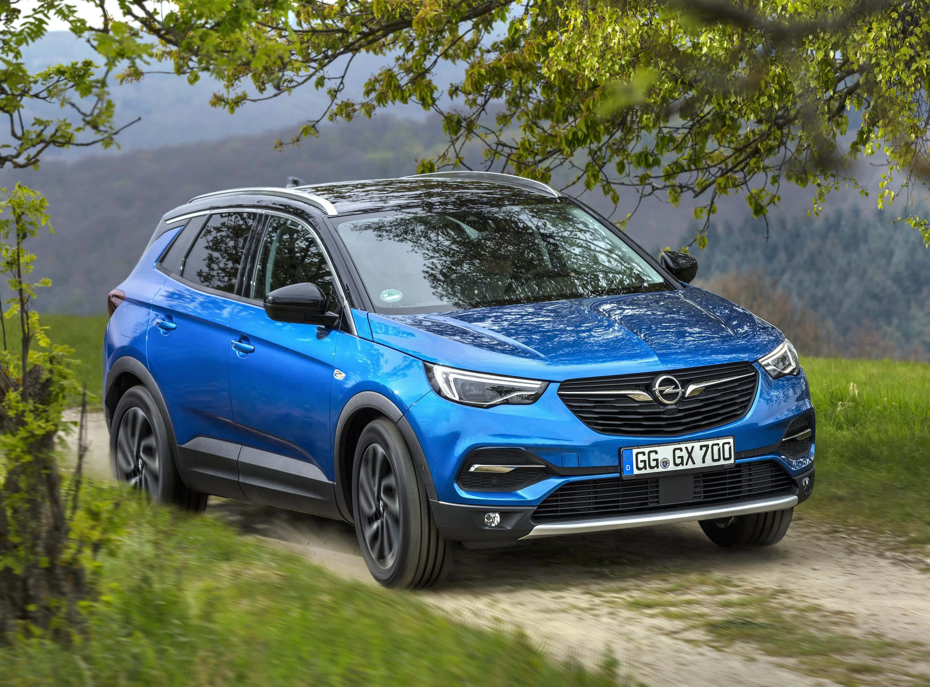 Opel Grandland X, vibrant blue, winding dirt road, 2K Desktop Wallpaper