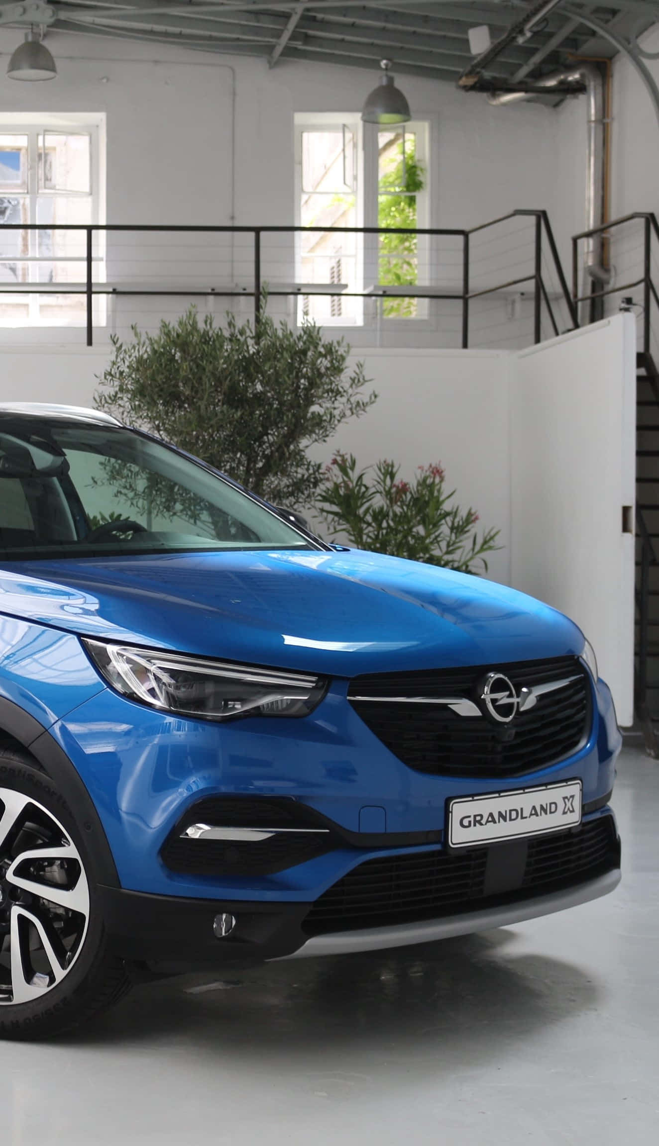 Opel Grandland X, vibrant blue, industrial-style showroom, Full HD Phone Wallpaper