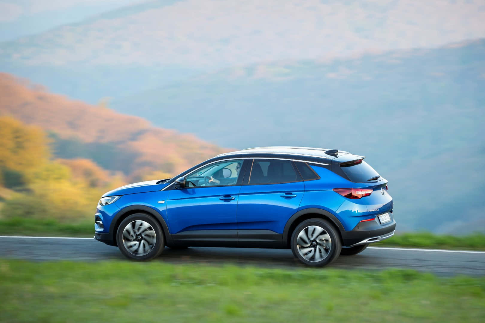 Opel Grandland X, vibrant blue, winding mountain road, HD Desktop Wallpaper