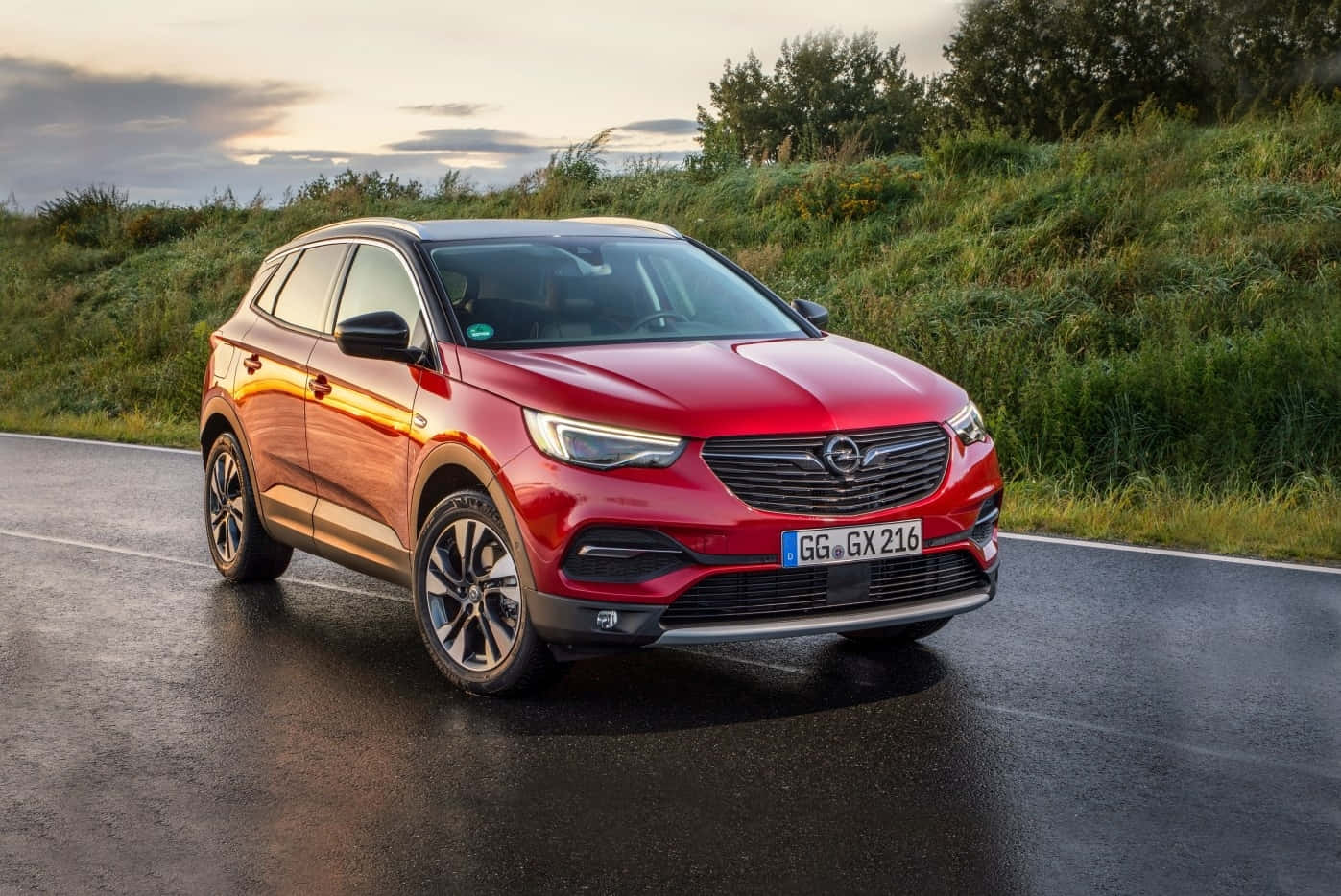 Opel Grandland X, glossy red, wet road, HD Desktop Wallpaper