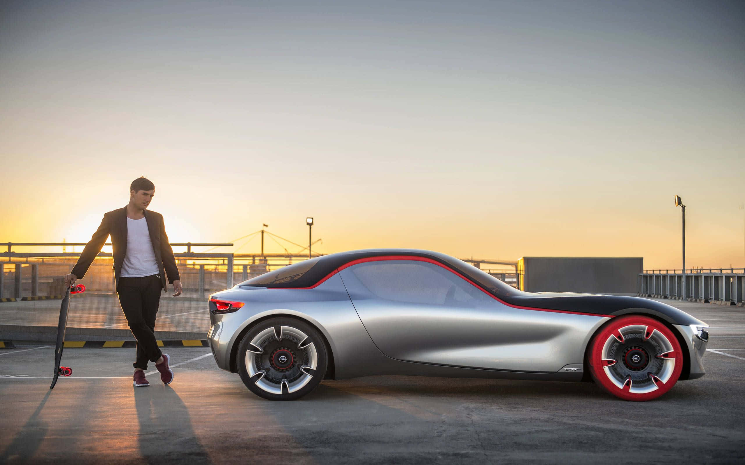Opel GT, sleek silver futuristic car, red wheels, 2K Desktop Wallpaper