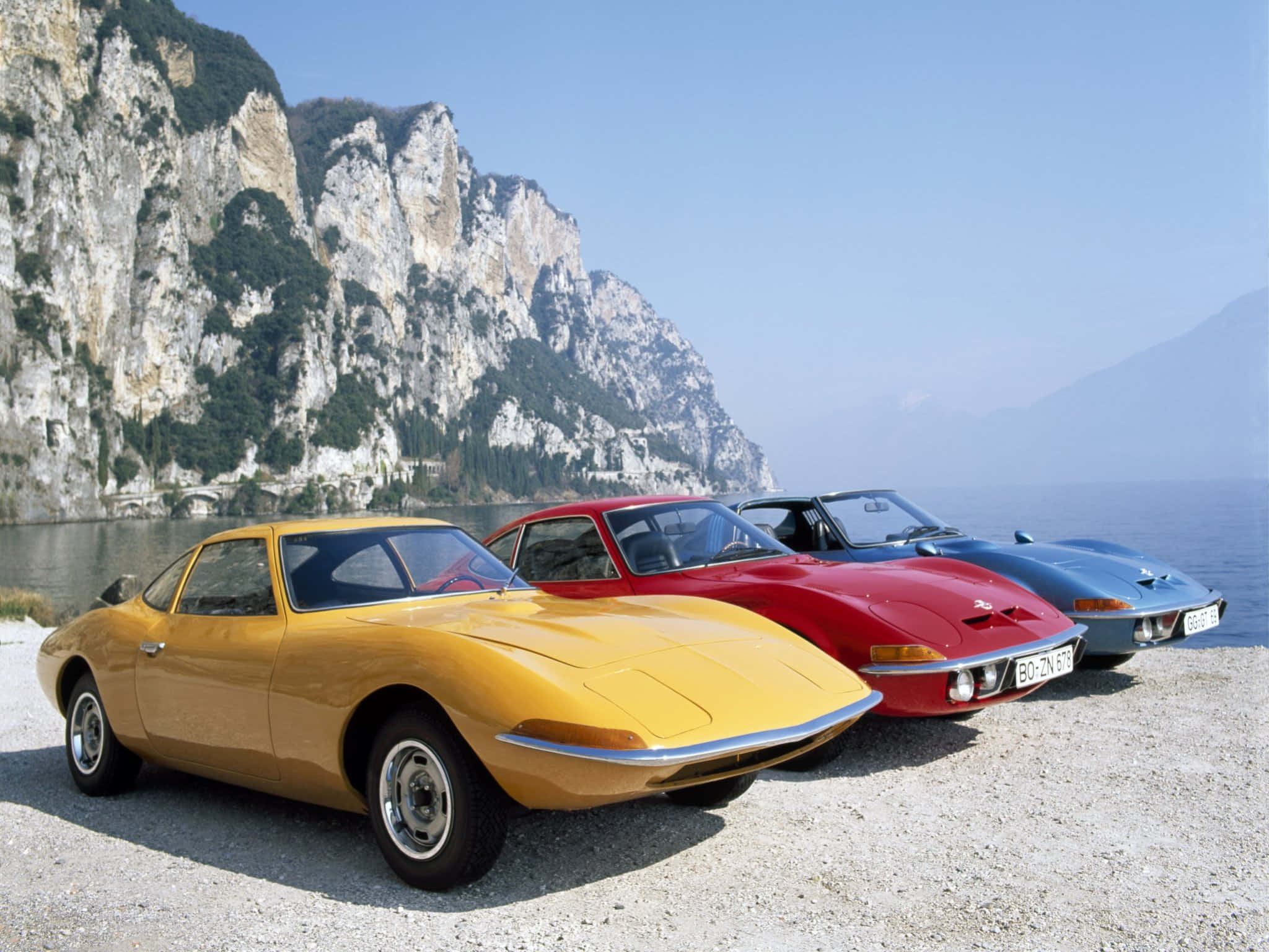 Opel GT, lakeshore, steep rocky cliffs, Full HD Desktop Wallpaper