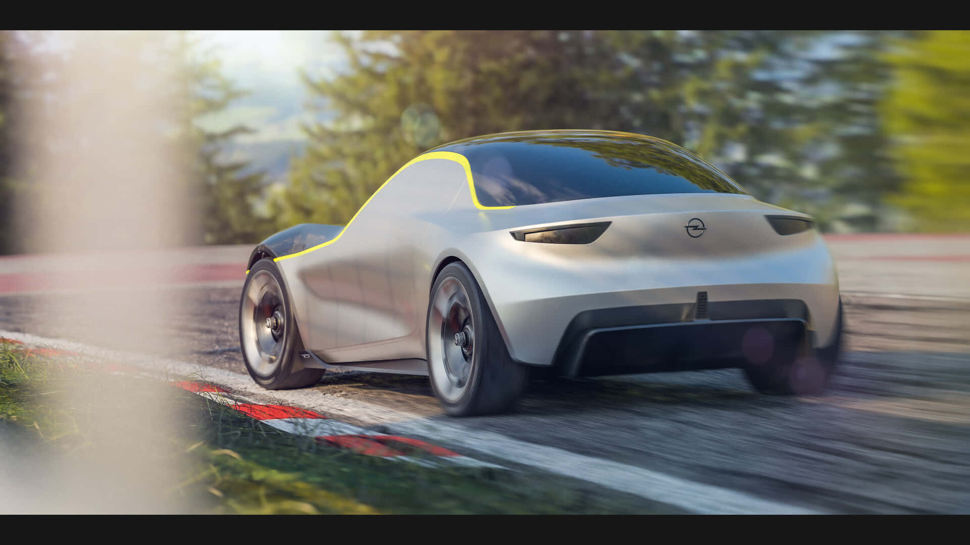 Opel GT, sleek silver futuristic sports car, yellow accents, Full HD Desktop Wallpaper