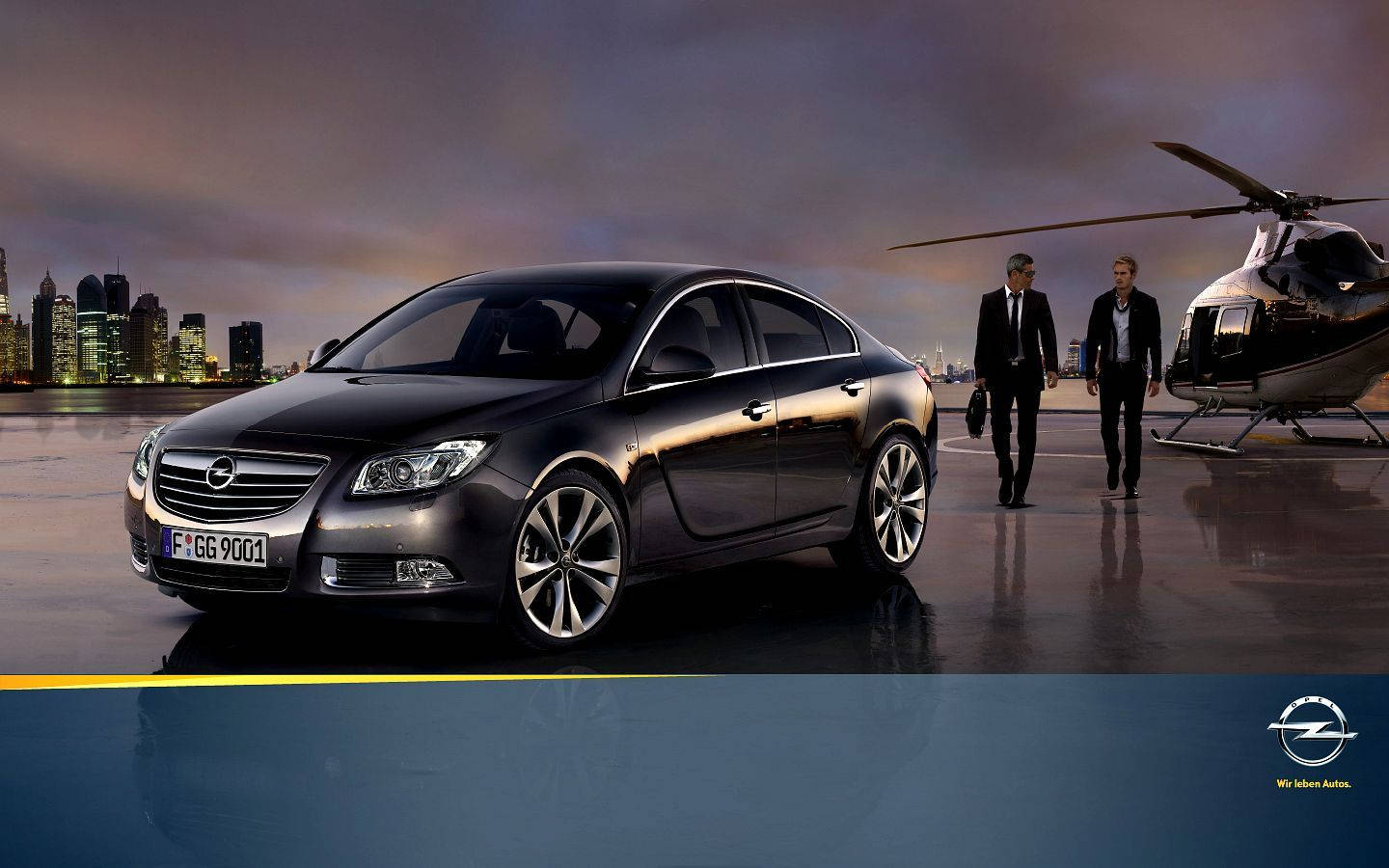 Opel Insignia, black, wet helipad, HD Desktop Wallpaper