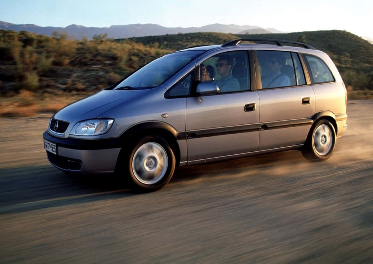 Opel Zafira, silver, dusty road, SD Desktop Wallpaper